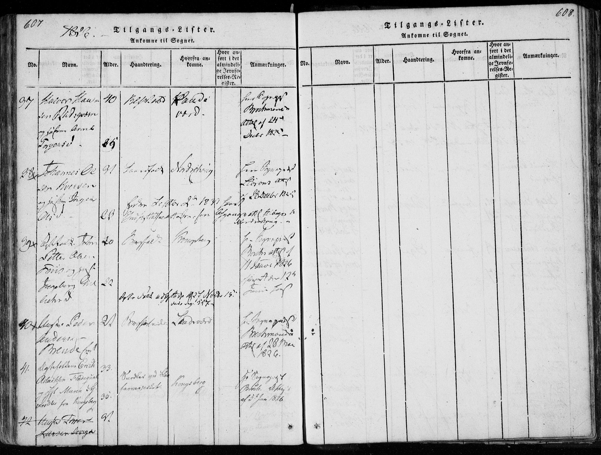 Modum kirkebøker, SAKO/A-234/F/Fa/L0005: Parish register (official) no. 5, 1824-1841, p. 607-608