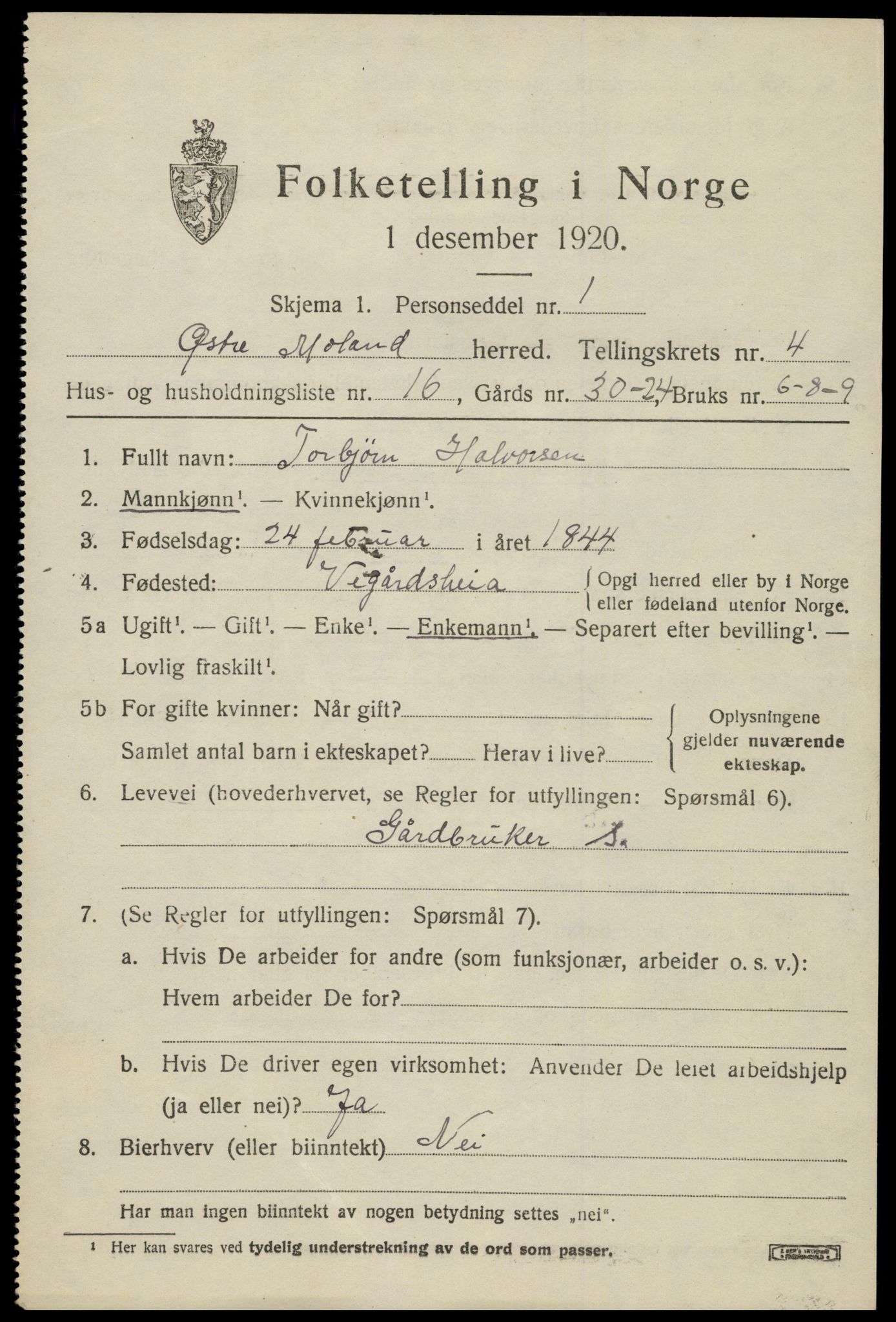 SAK, 1920 census for Austre Moland, 1920, p. 2221