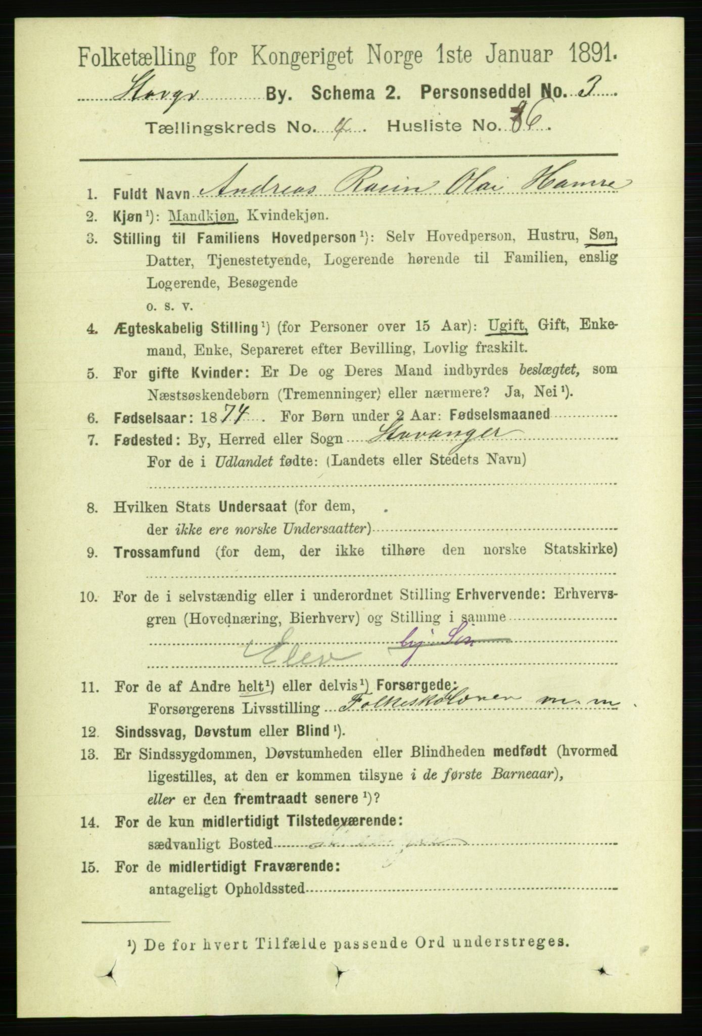 RA, 1891 census for 1103 Stavanger, 1891, p. 8586