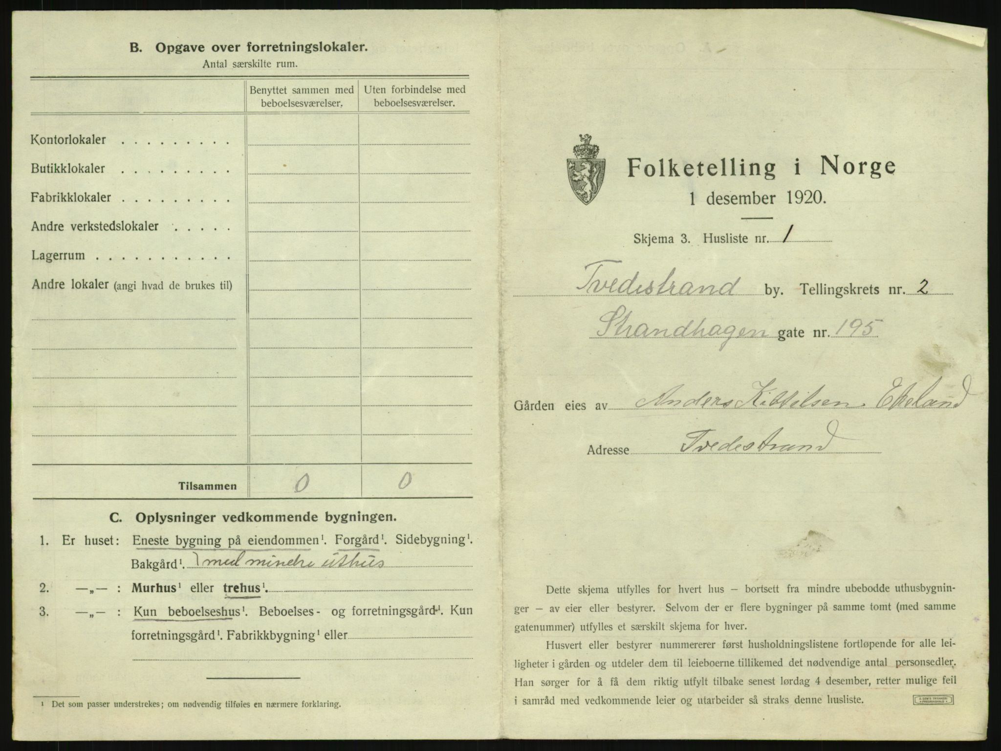 SAK, 1920 census for Tvedestrand, 1920, p. 275