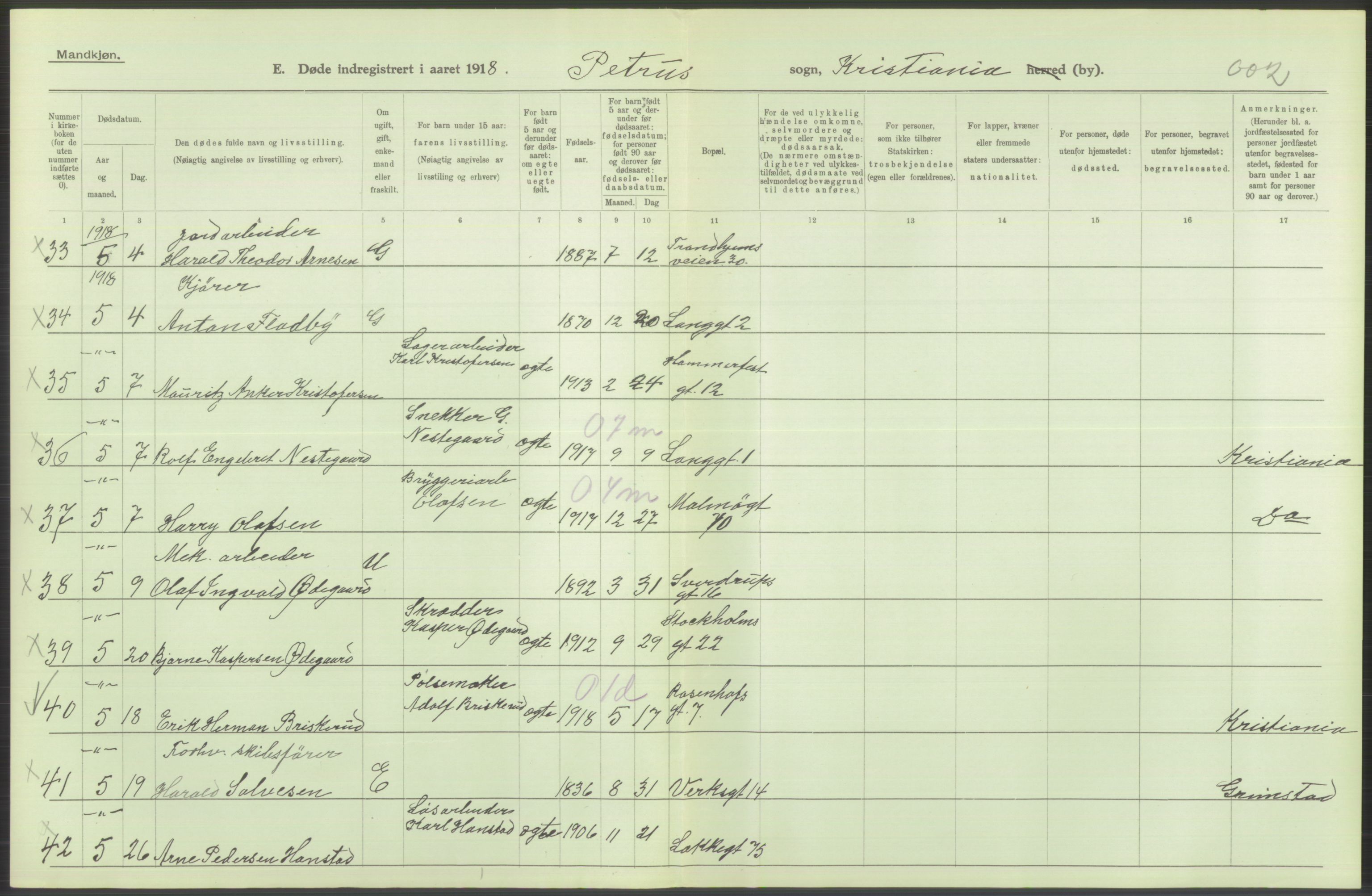 Statistisk sentralbyrå, Sosiodemografiske emner, Befolkning, AV/RA-S-2228/D/Df/Dfb/Dfbh/L0010: Kristiania: Døde, 1918, p. 566