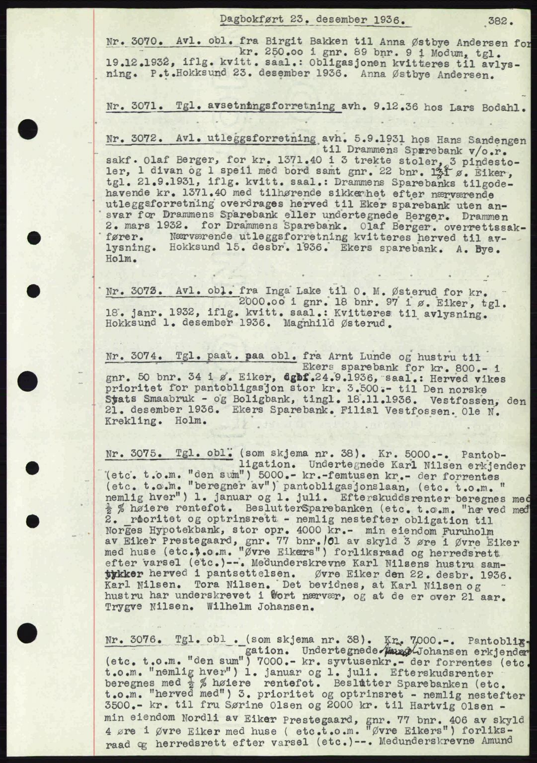 Eiker, Modum og Sigdal sorenskriveri, SAKO/A-123/G/Ga/Gab/L0034: Mortgage book no. A4, 1936-1937, Diary no: : 3070/1936