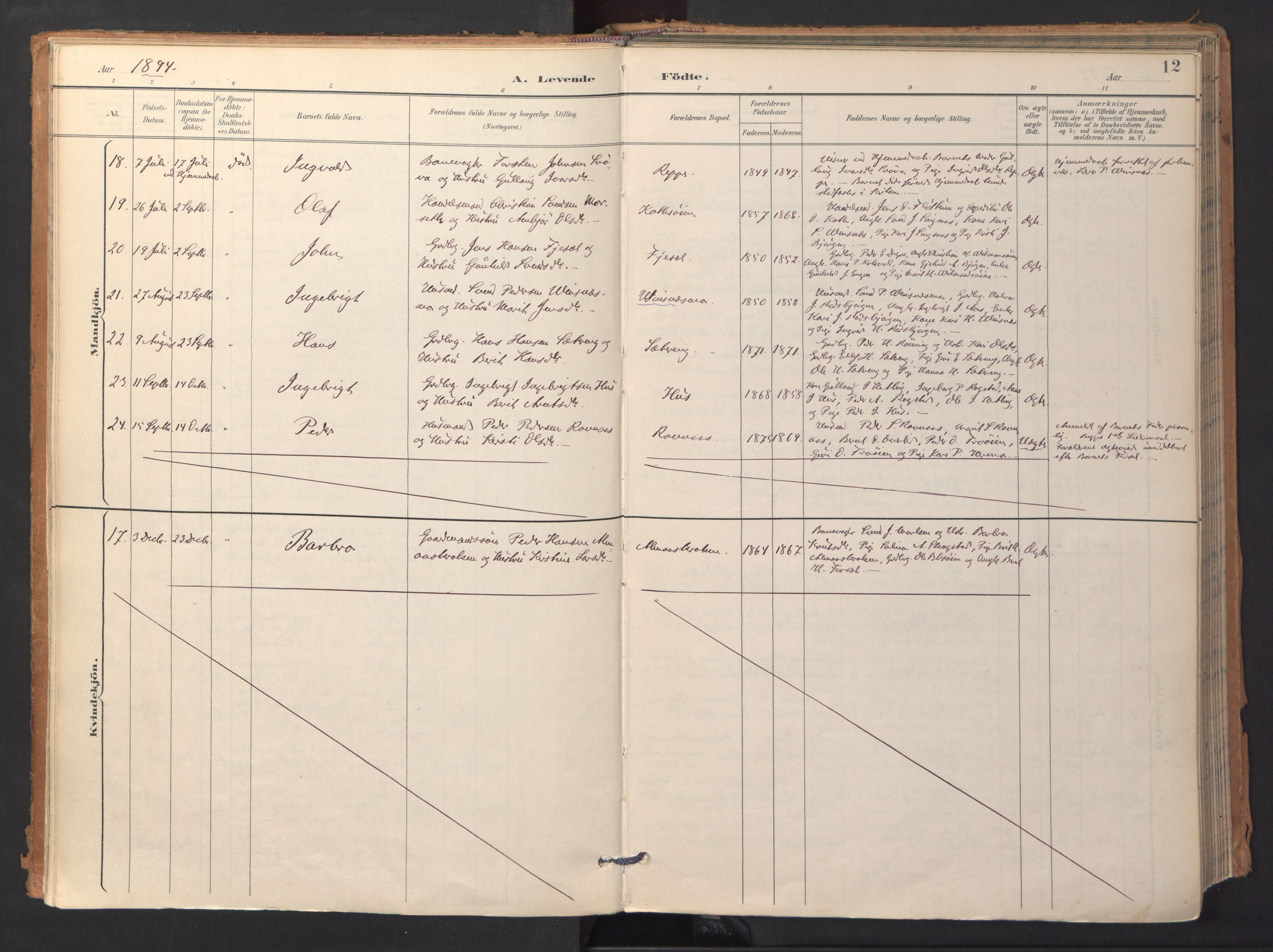 Ministerialprotokoller, klokkerbøker og fødselsregistre - Sør-Trøndelag, AV/SAT-A-1456/688/L1025: Parish register (official) no. 688A02, 1891-1909, p. 12