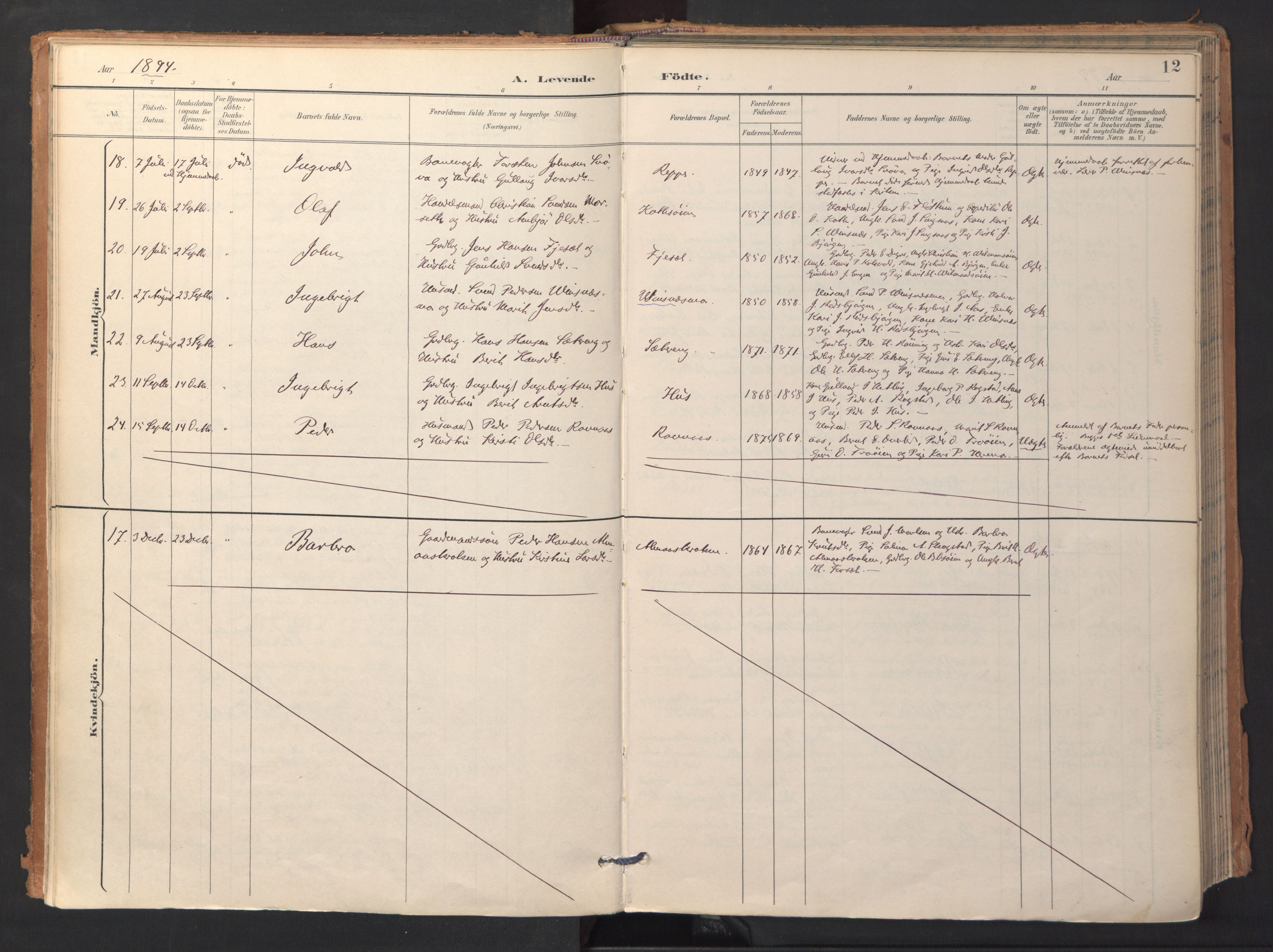 Ministerialprotokoller, klokkerbøker og fødselsregistre - Sør-Trøndelag, AV/SAT-A-1456/688/L1025: Parish register (official) no. 688A02, 1891-1909, p. 12