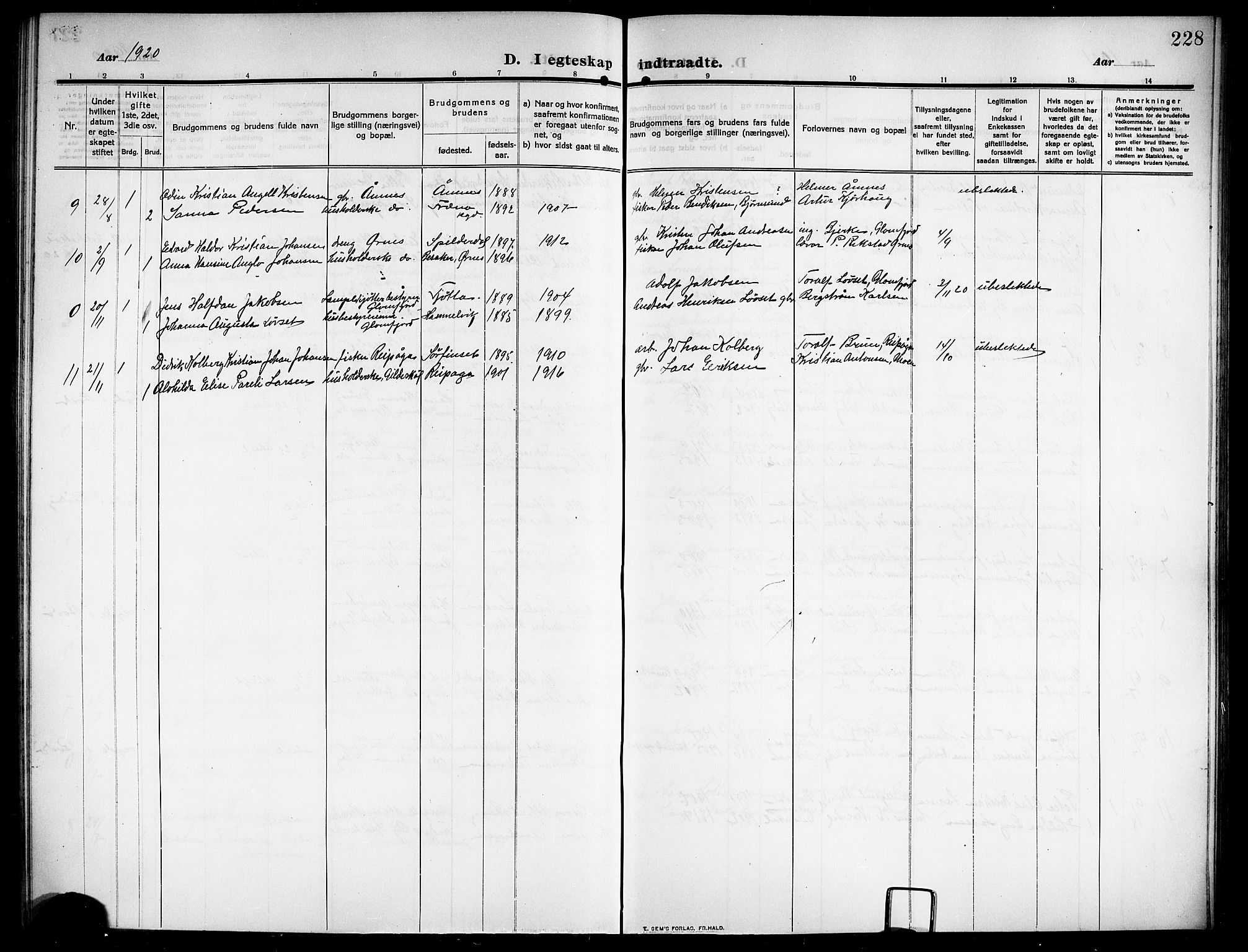 Ministerialprotokoller, klokkerbøker og fødselsregistre - Nordland, AV/SAT-A-1459/843/L0639: Parish register (copy) no. 843C08, 1908-1924, p. 228