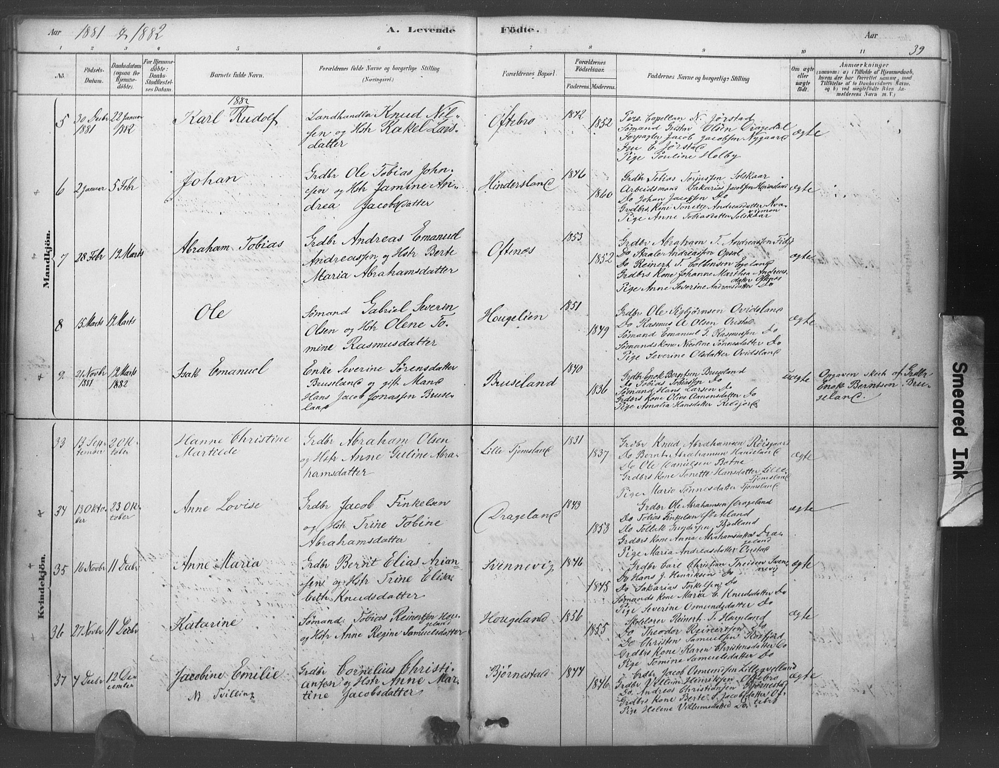 Lyngdal sokneprestkontor, AV/SAK-1111-0029/F/Fa/Fac/L0011: Parish register (official) no. A 11, 1878-1893, p. 39