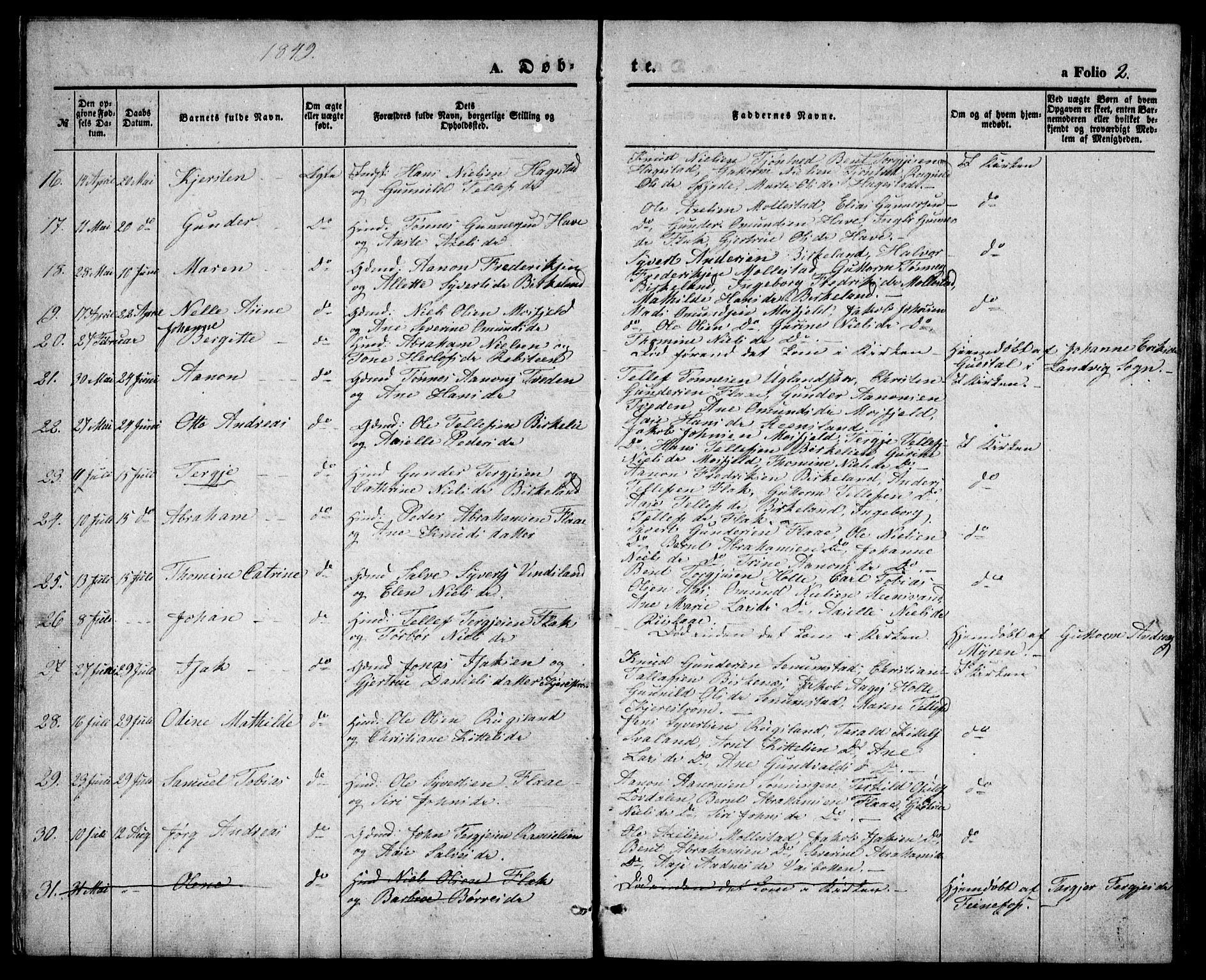 Birkenes sokneprestkontor, AV/SAK-1111-0004/F/Fb/L0002: Parish register (copy) no. B 2, 1849-1876, p. 2