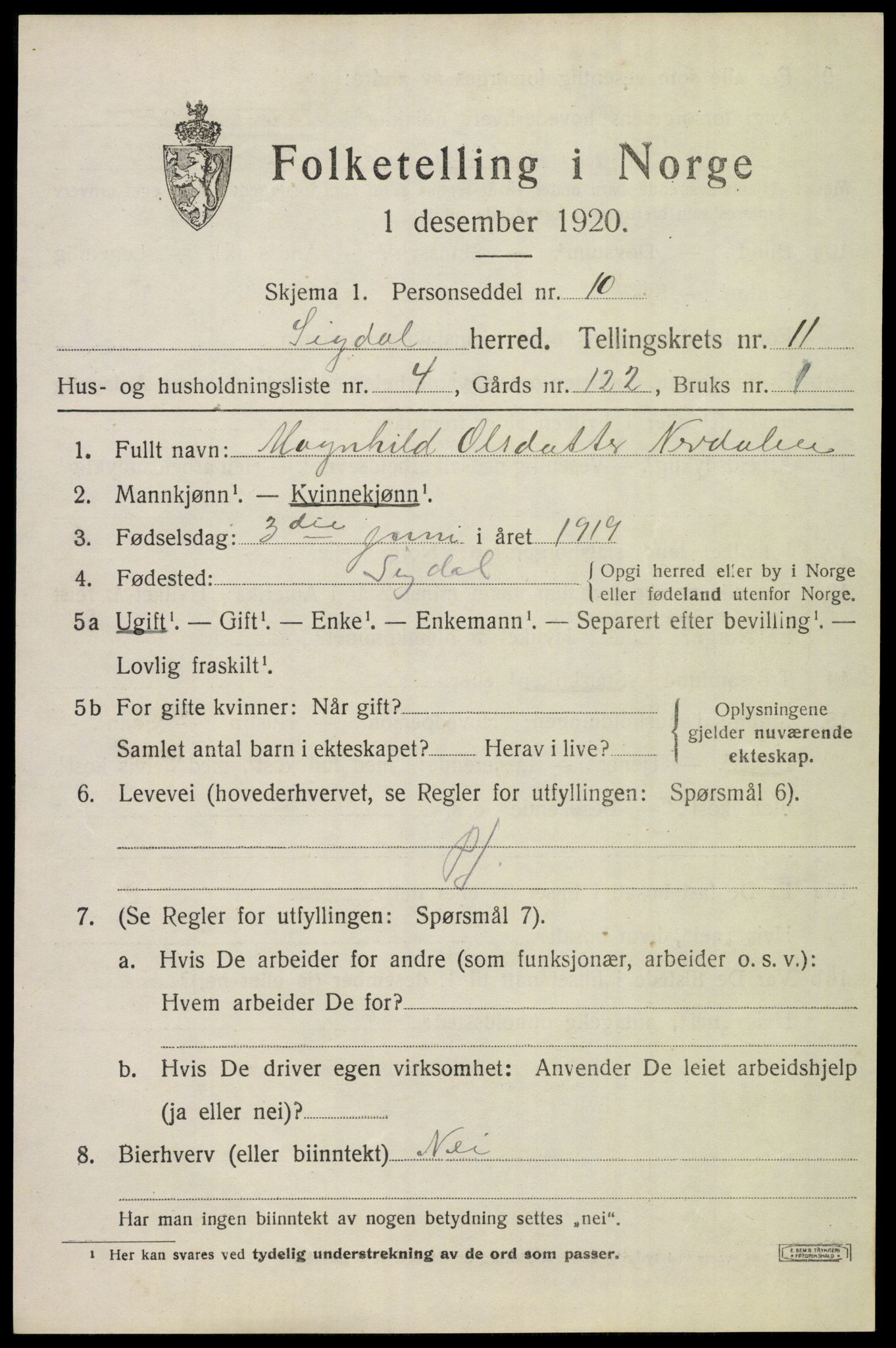 SAKO, 1920 census for Sigdal, 1920, p. 7632