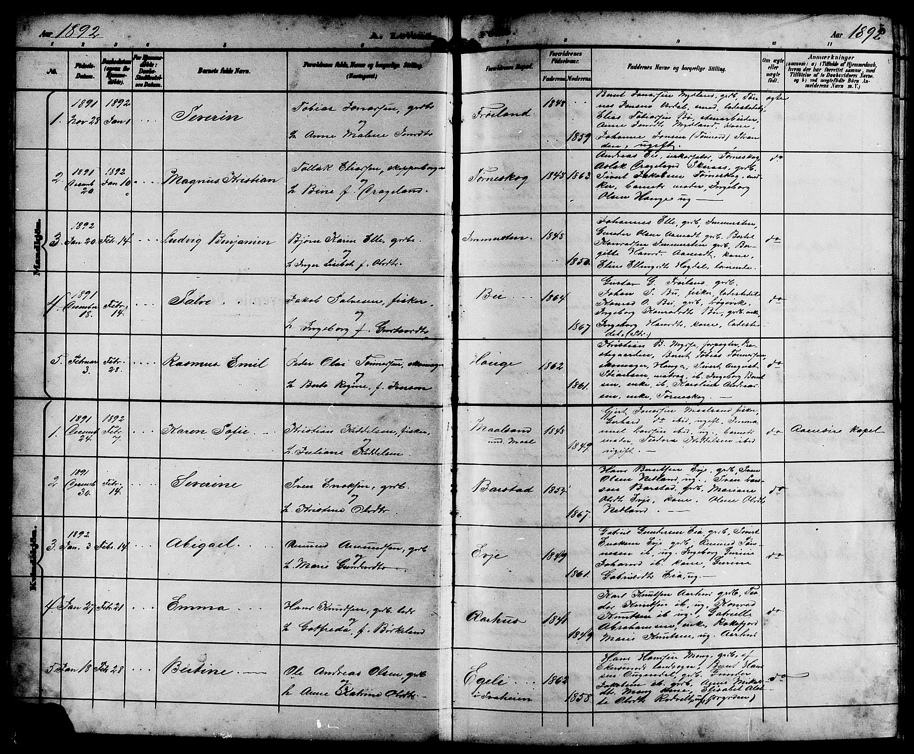 Sokndal sokneprestkontor, SAST/A-101808: Parish register (copy) no. B 6, 1892-1907, p. 5