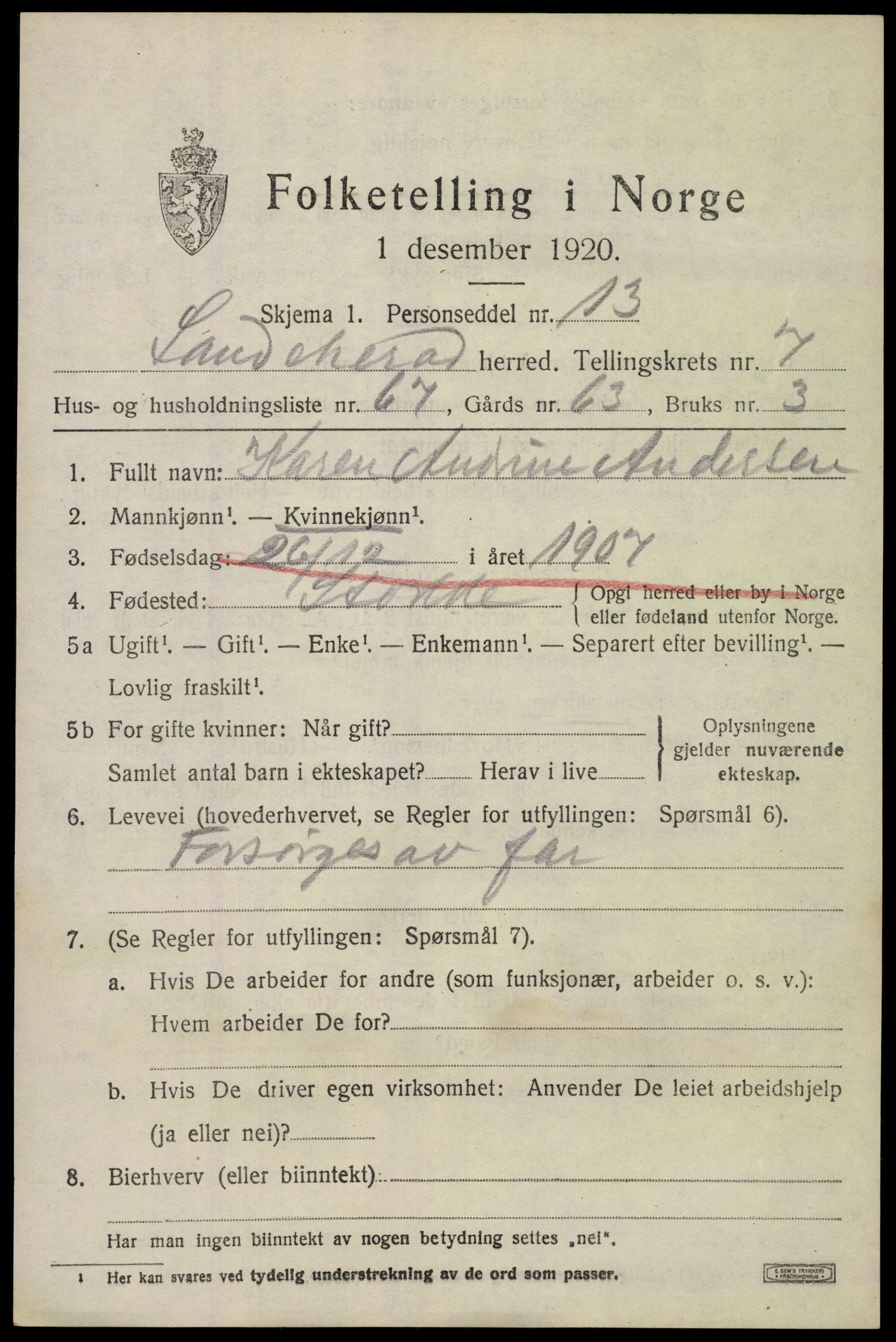 SAKO, 1920 census for Sandeherred, 1920, p. 12700
