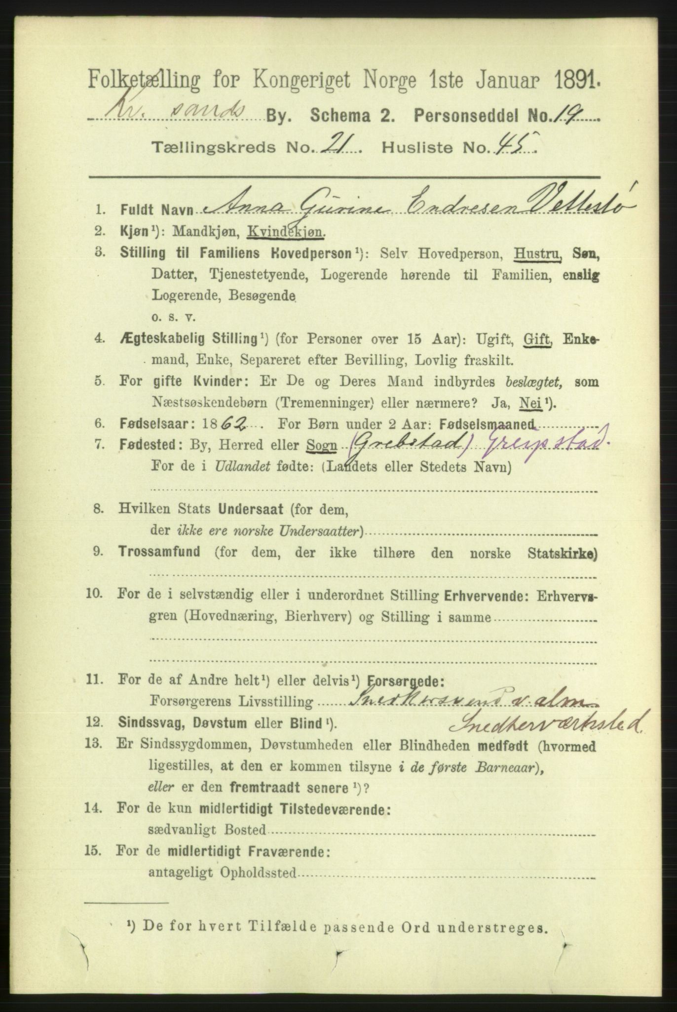 RA, 1891 census for 1001 Kristiansand, 1891, p. 8258