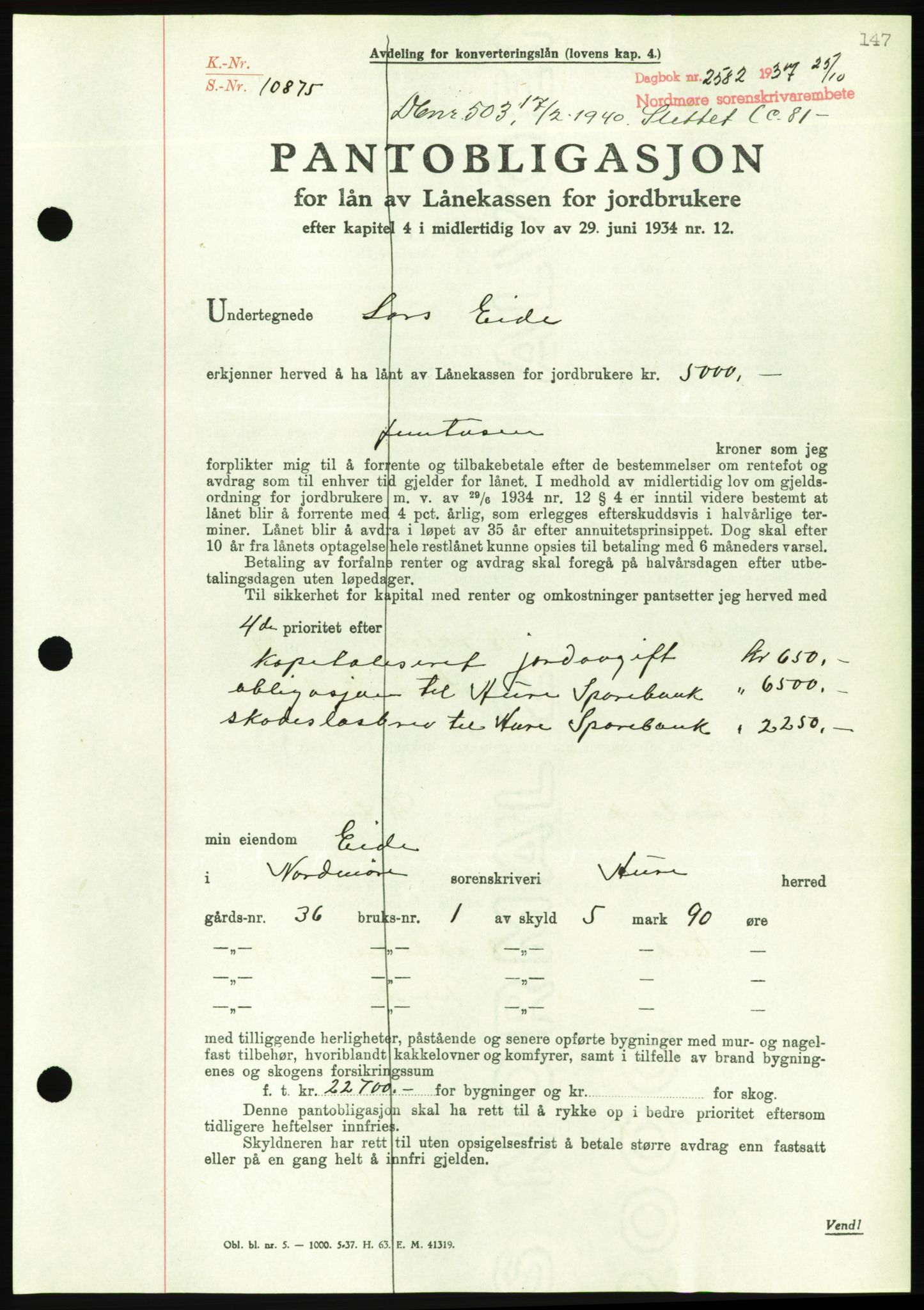 Nordmøre sorenskriveri, AV/SAT-A-4132/1/2/2Ca/L0092: Mortgage book no. B82, 1937-1938, Diary no: : 2582/1937