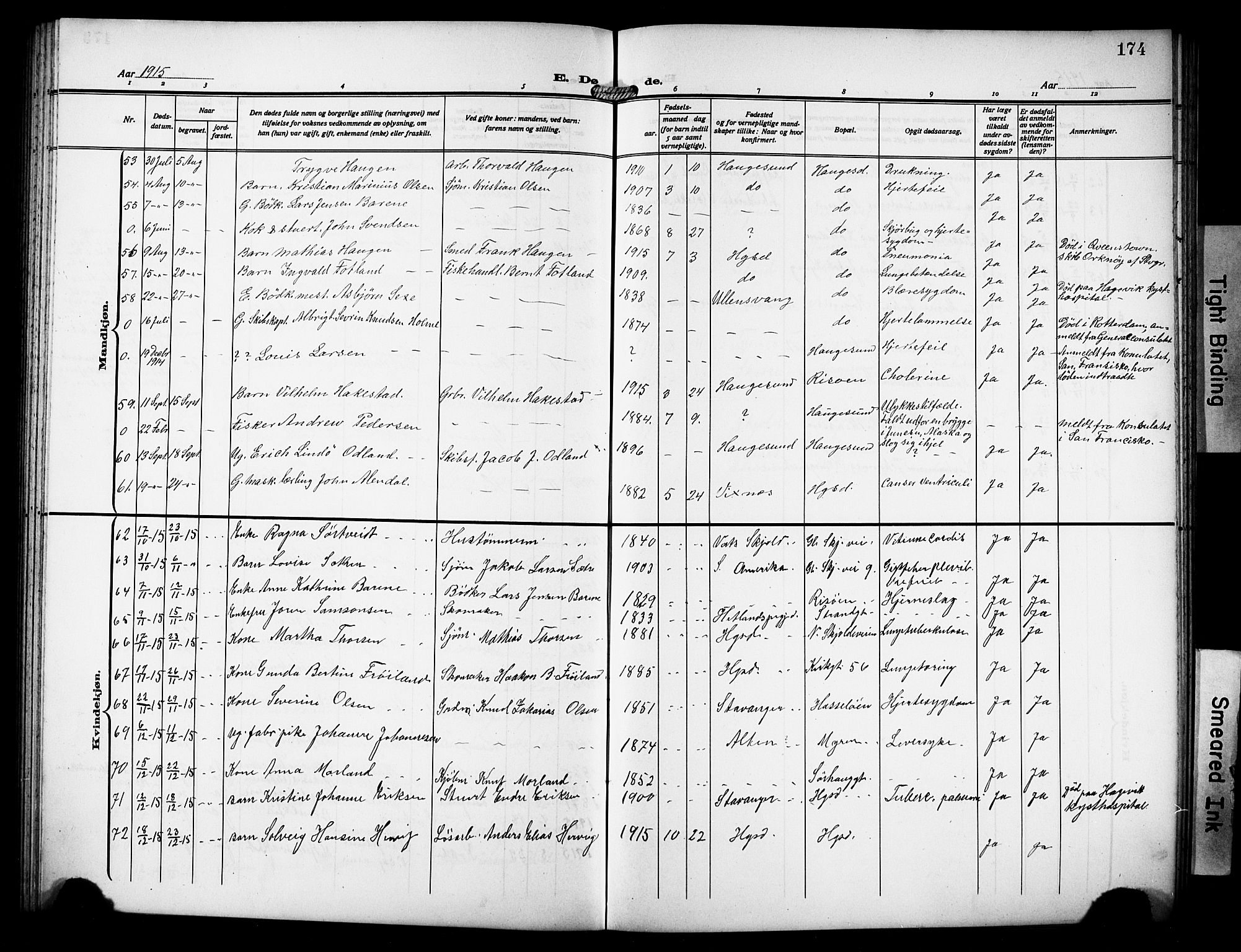 Haugesund sokneprestkontor, AV/SAST-A -101863/H/Ha/Hab/L0008: Parish register (copy) no. B 8, 1909-1921, p. 174