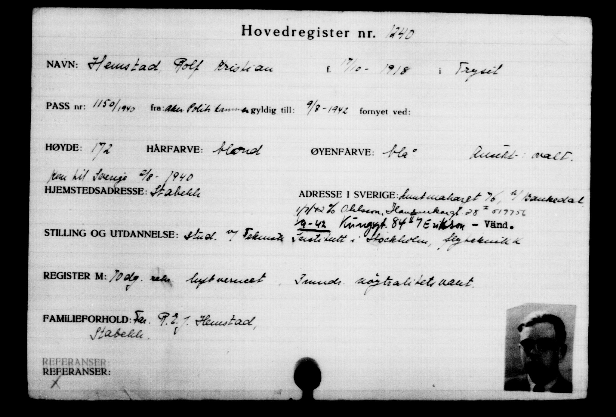 Utenriksstasjonene, Legasjonen i Stockholm, Flyktningkontoret, AV/RA-S-6753/V/Va/L0002: Kjesäterkartoteket, flyktninger med registreringsnr. 1001-2000, 1940-1945, p. 359
