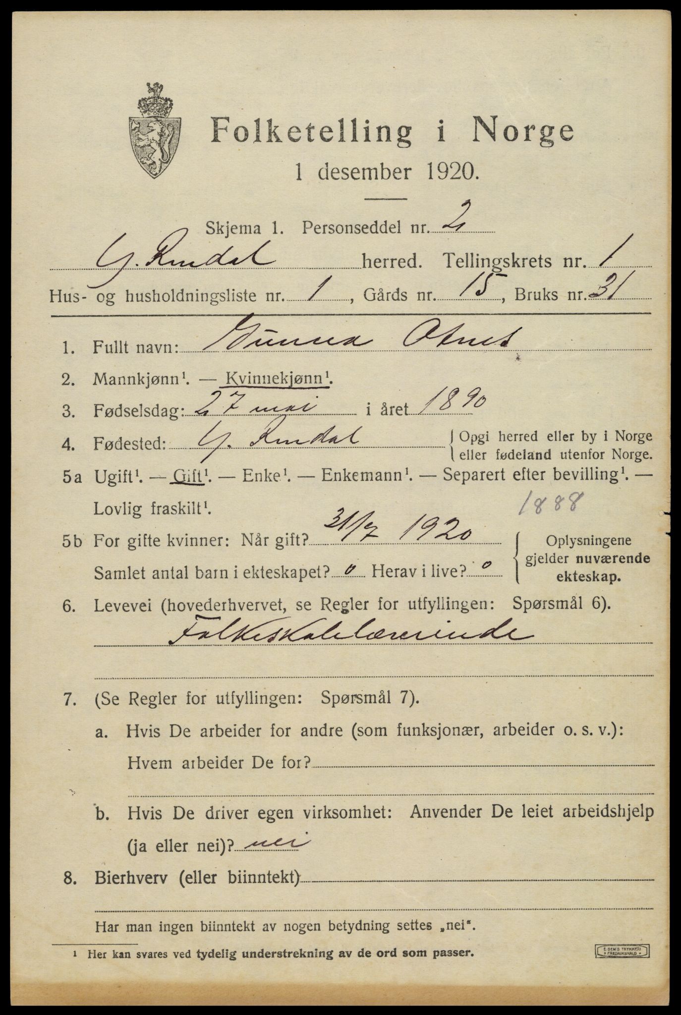 SAH, 1920 census for Ytre Rendal, 1920, p. 629