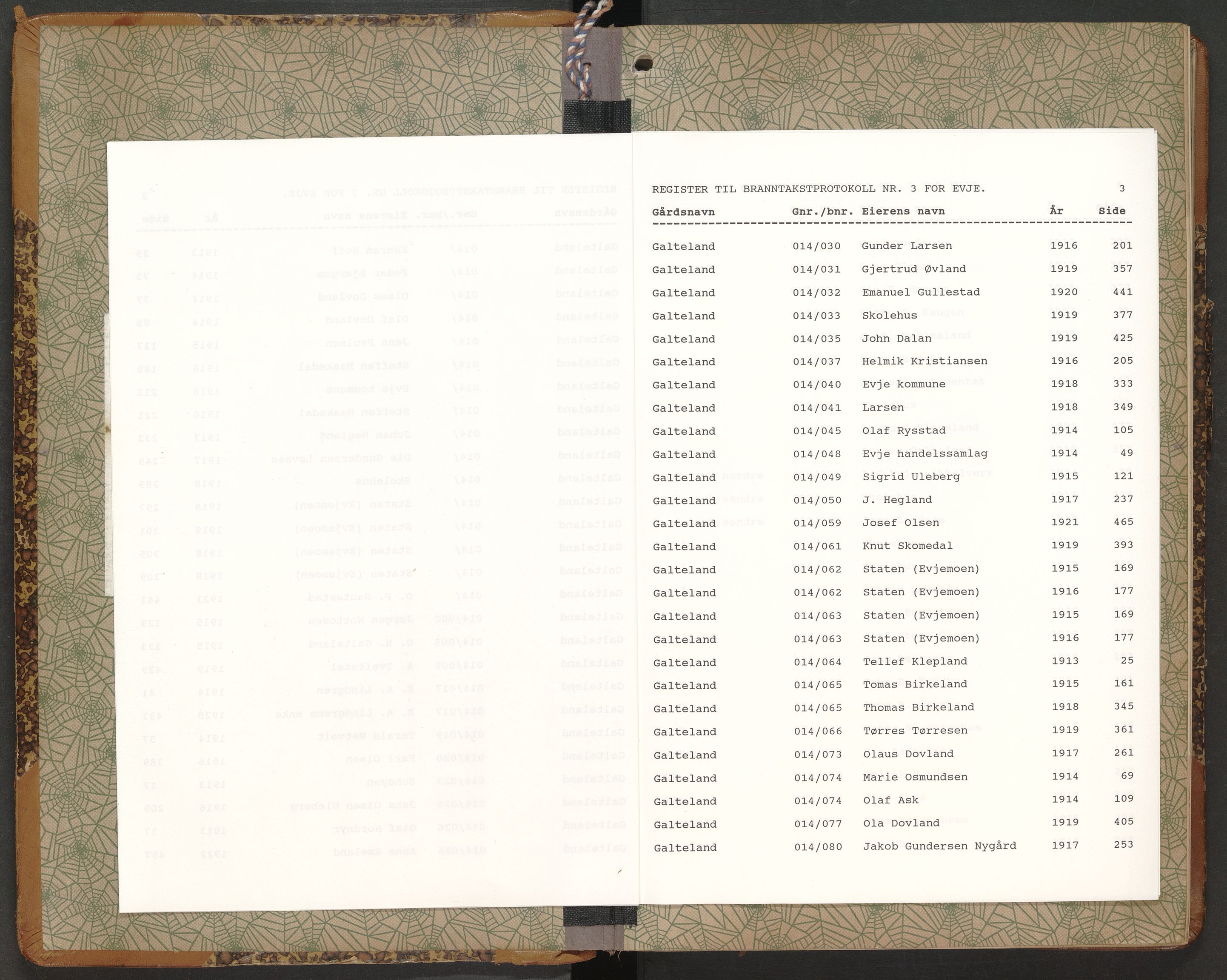 Norges Brannkasse Evje, AV/SAK-2241-0010/F/Fa/L0003: Branntakstprotokoll nr. 3 med gårdsnavnregister, 1913-1922