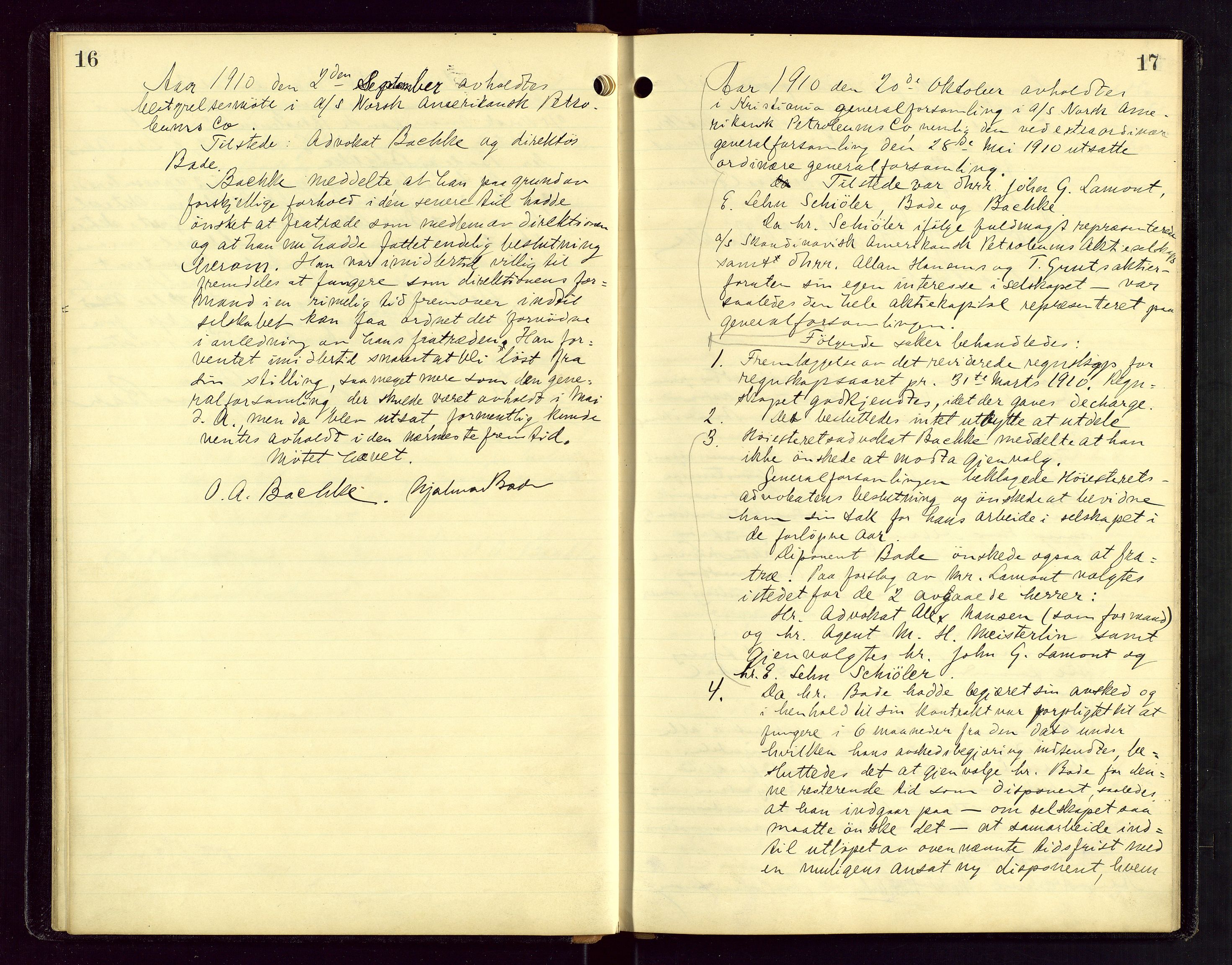 PA 1535 - Norsk-Amerikansk Petroleumscompani A/S, SAST/A-101955/A/Aa/L0001/0001: Styre- og generalforsamlingsprotokoller / Styre - Generalforsamling, 1906-1931, p. 16-17