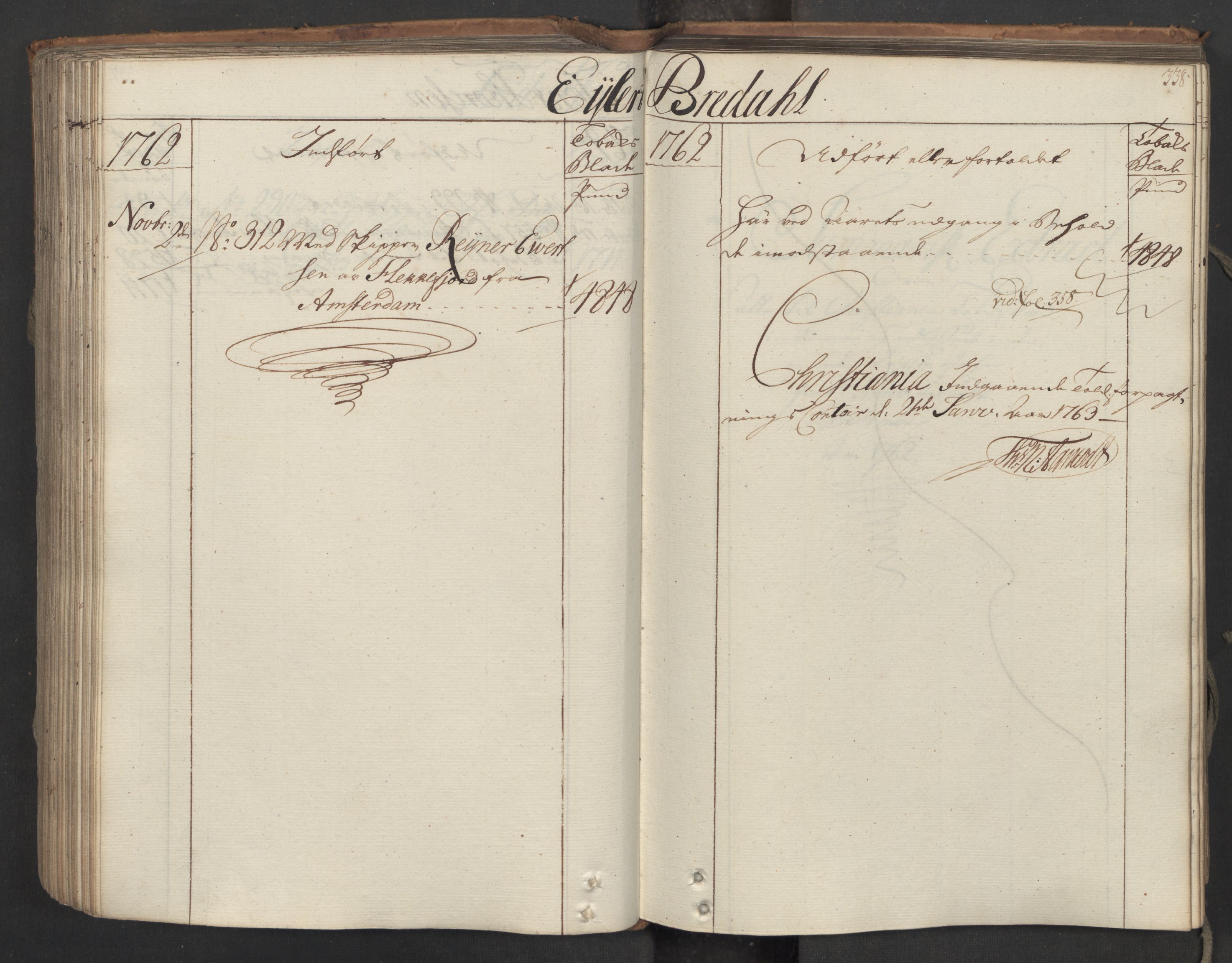 Generaltollkammeret, tollregnskaper, AV/RA-EA-5490/R06/L0062/0001: Tollregnskaper Kristiania / Inngående hovedtollbok, 1762, p. 337b-338a