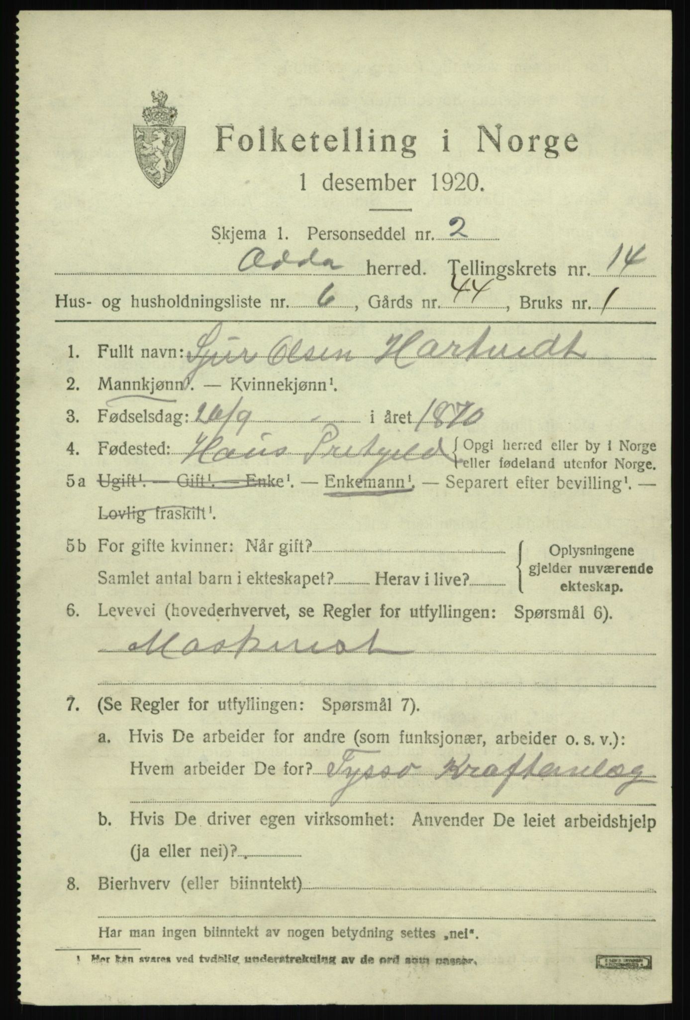 SAB, 1920 census for Odda, 1920, p. 12013
