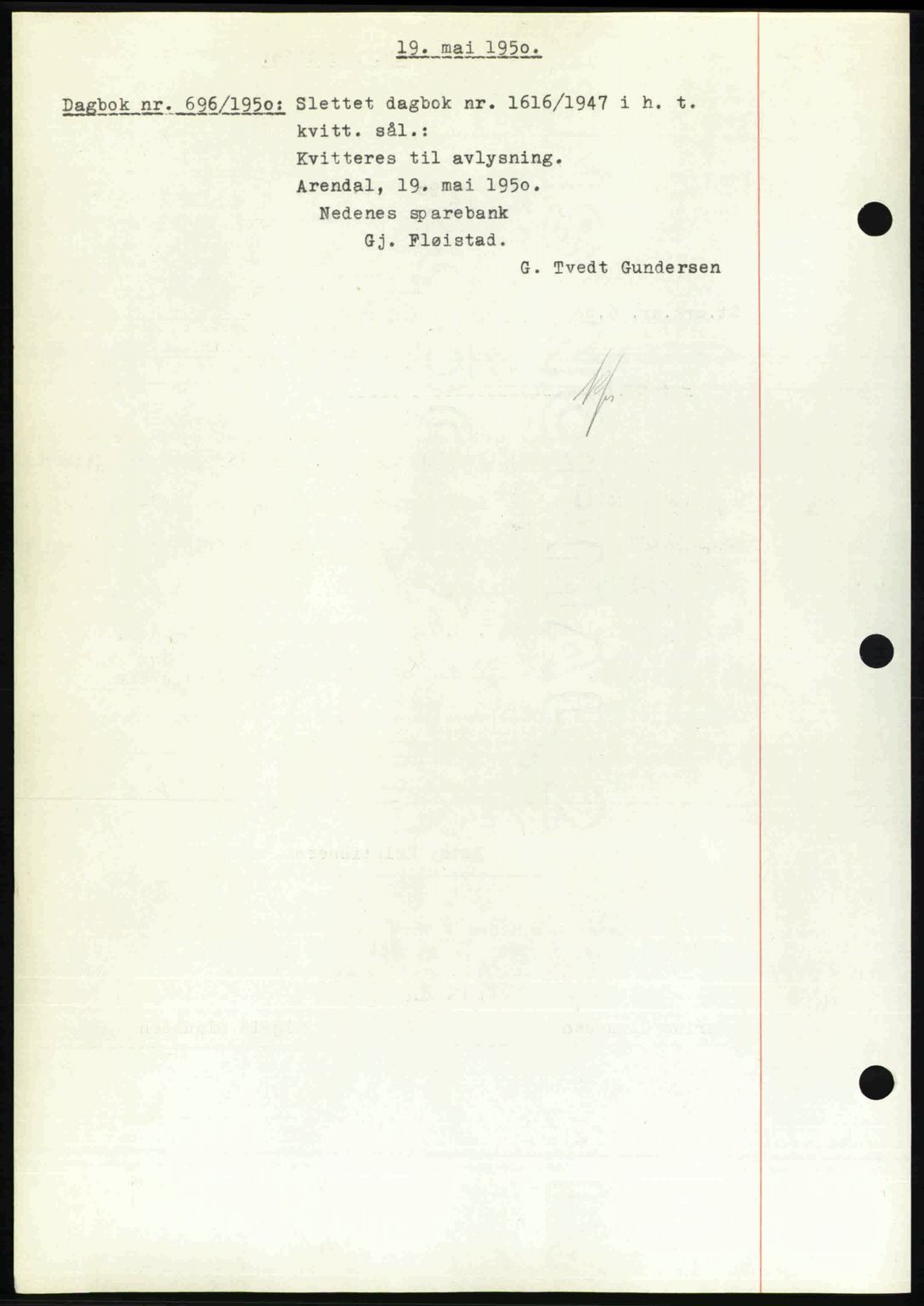 Nedenes sorenskriveri, SAK/1221-0006/G/Gb/Gba/L0062: Mortgage book no. A14, 1949-1950, Diary no: : 696/1950