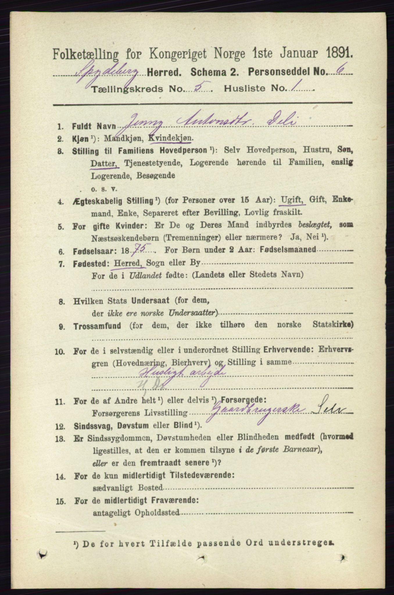 RA, 1891 census for 0123 Spydeberg, 1891, p. 2356