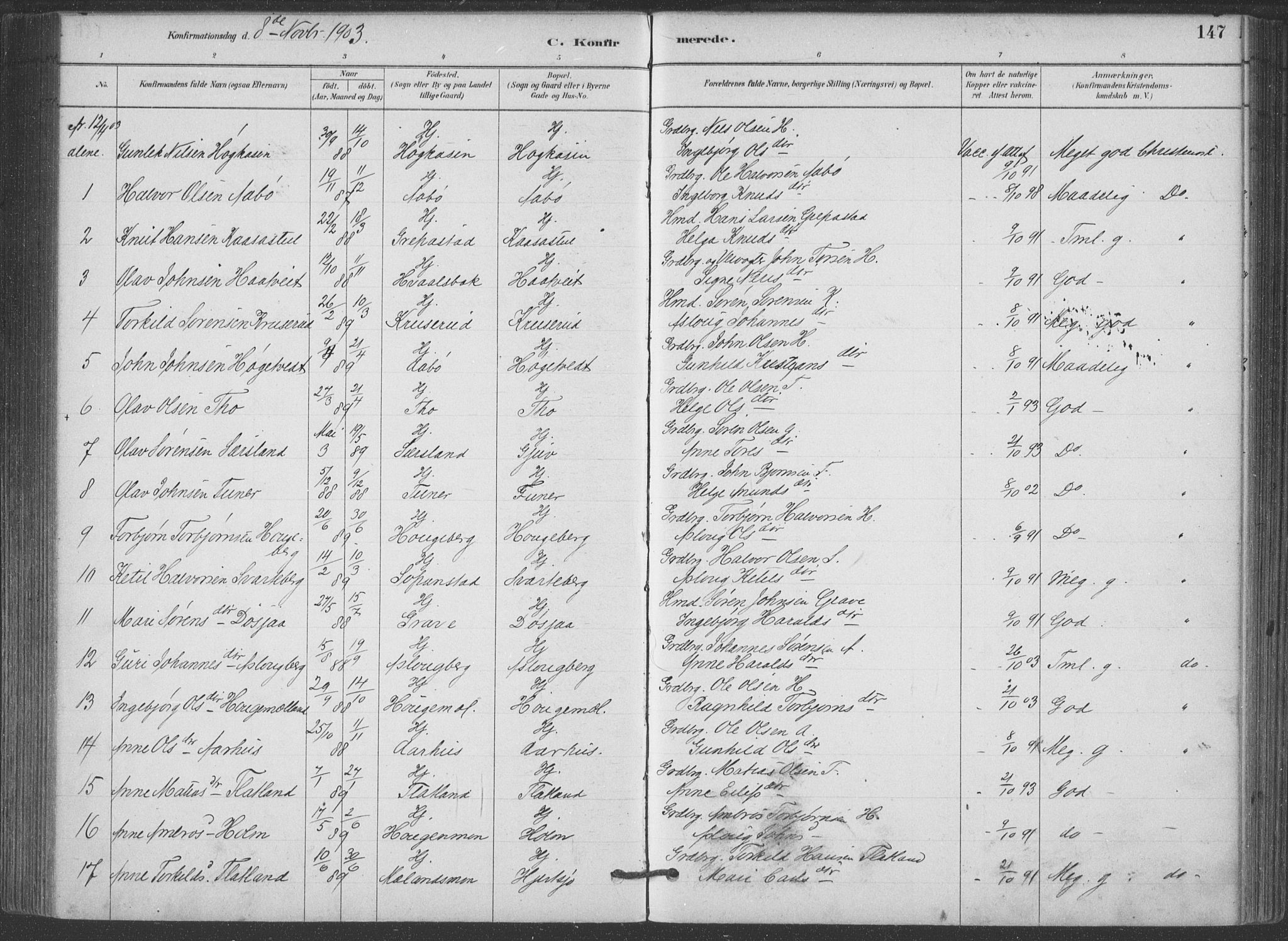 Hjartdal kirkebøker, SAKO/A-270/F/Fa/L0010: Parish register (official) no. I 10, 1880-1929, p. 147