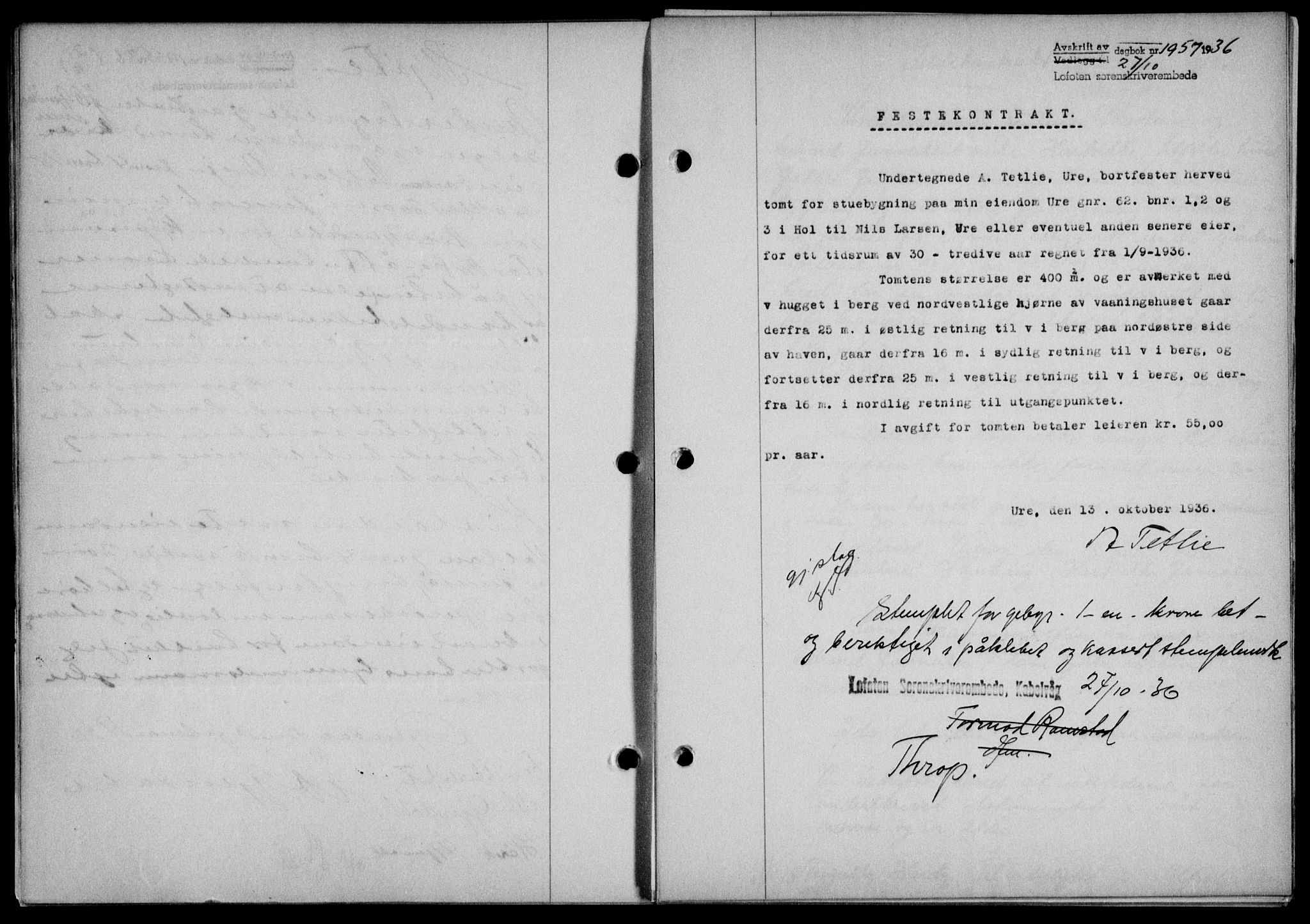 Lofoten sorenskriveri, SAT/A-0017/1/2/2C/L0001a: Mortgage book no. 1a, 1936-1937, Diary no: : 1957/1936