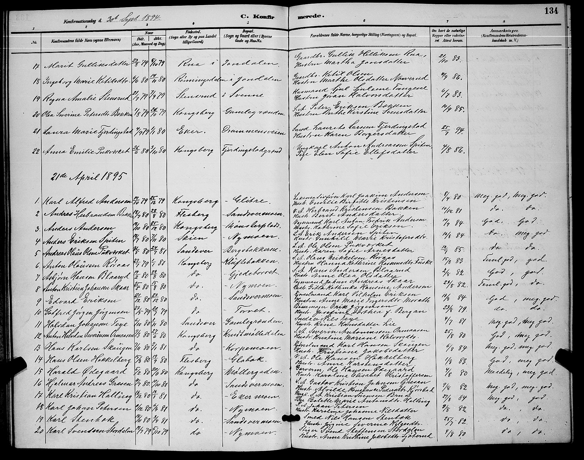 Kongsberg kirkebøker, SAKO/A-22/G/Ga/L0006: Parish register (copy) no. 6, 1890-1901, p. 134