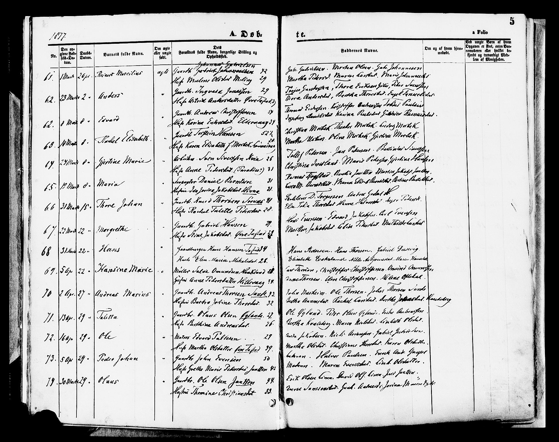 Hetland sokneprestkontor, AV/SAST-A-101826/30/30BA/L0008: Parish register (official) no. A 8, 1877-1884, p. 5