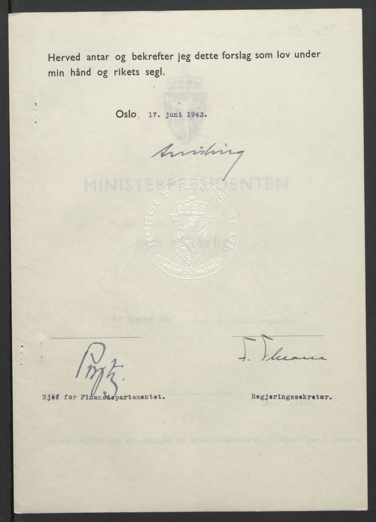 NS-administrasjonen 1940-1945 (Statsrådsekretariatet, de kommisariske statsråder mm), RA/S-4279/D/Db/L0099: Lover, 1943, p. 431