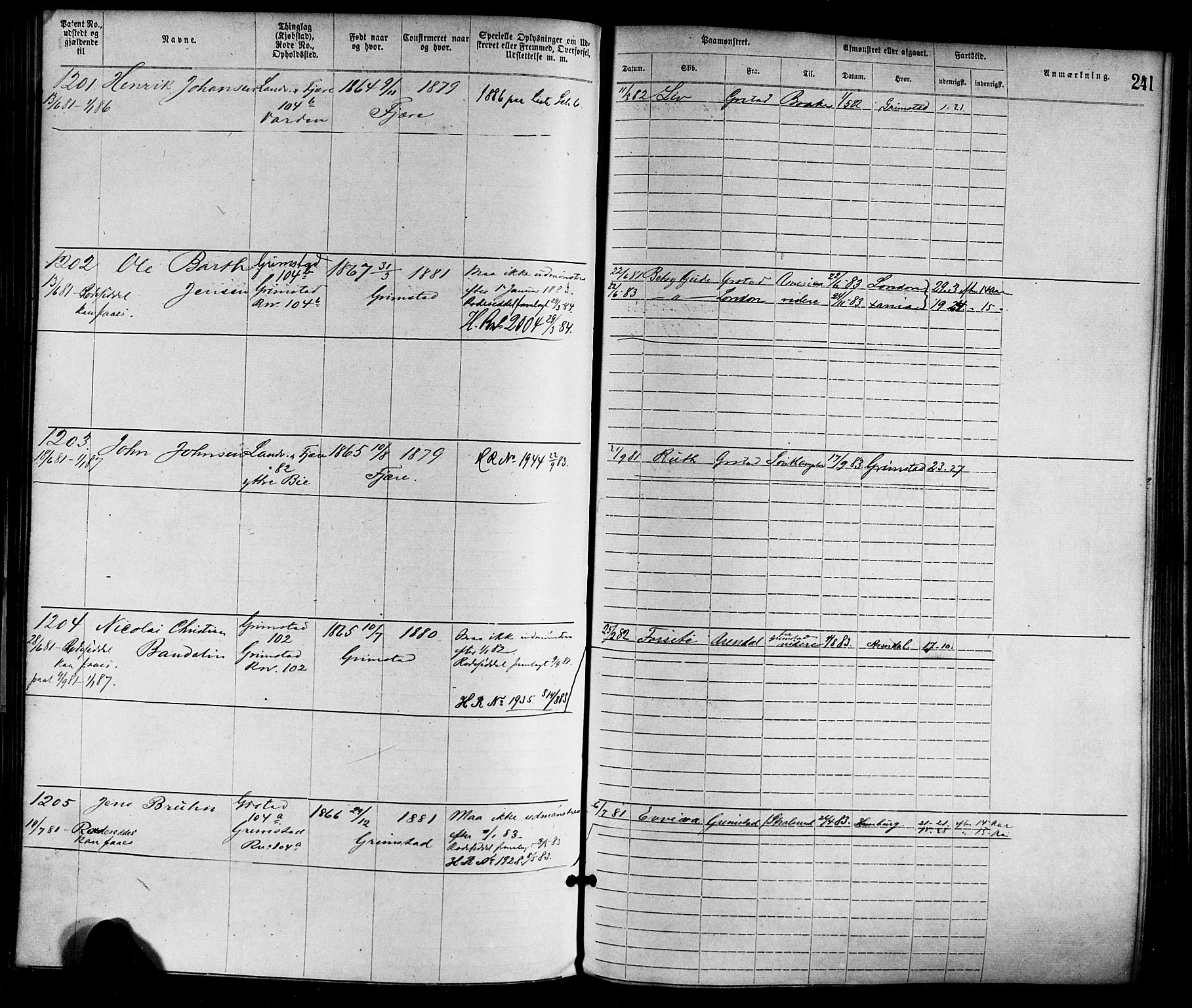 Grimstad mønstringskrets, SAK/2031-0013/F/Fa/L0001: Annotasjonsrulle nr 1-1920 med register, F-1, 1870-1892, p. 271