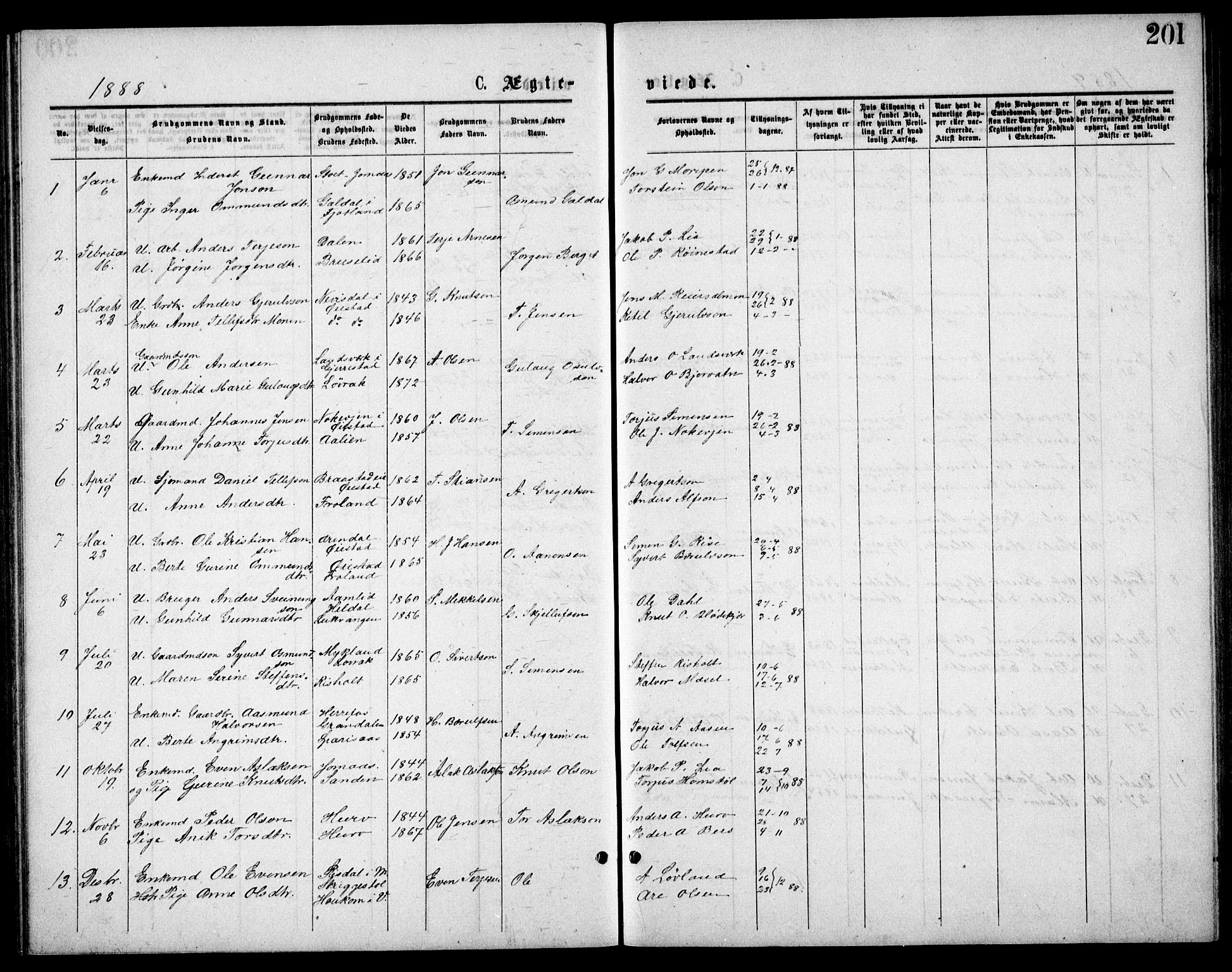 Froland sokneprestkontor, AV/SAK-1111-0013/F/Fb/L0009: Parish register (copy) no. B 9, 1875-1893, p. 201