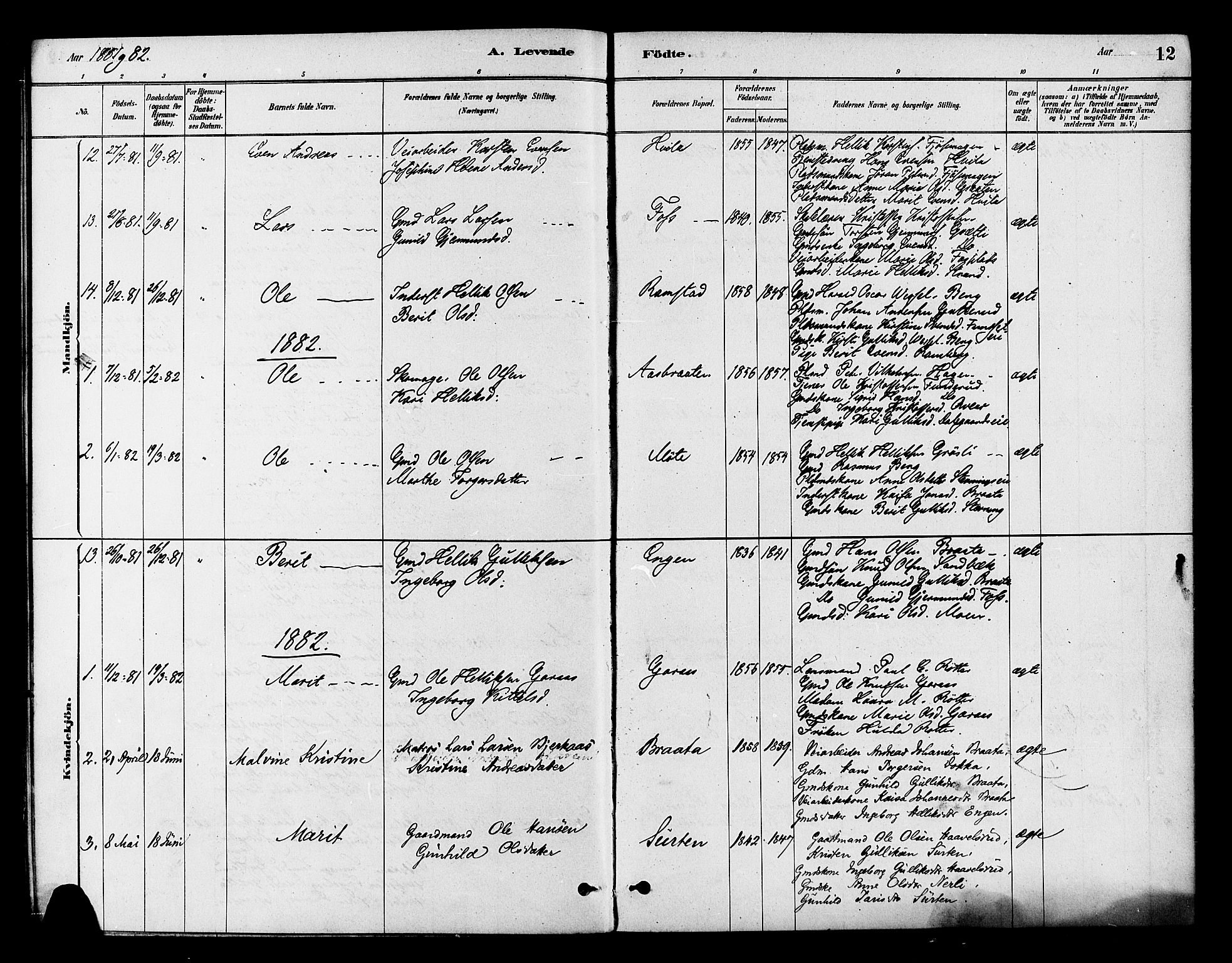 Flesberg kirkebøker, AV/SAKO-A-18/F/Fb/L0001: Parish register (official) no. II 1, 1879-1907, p. 12