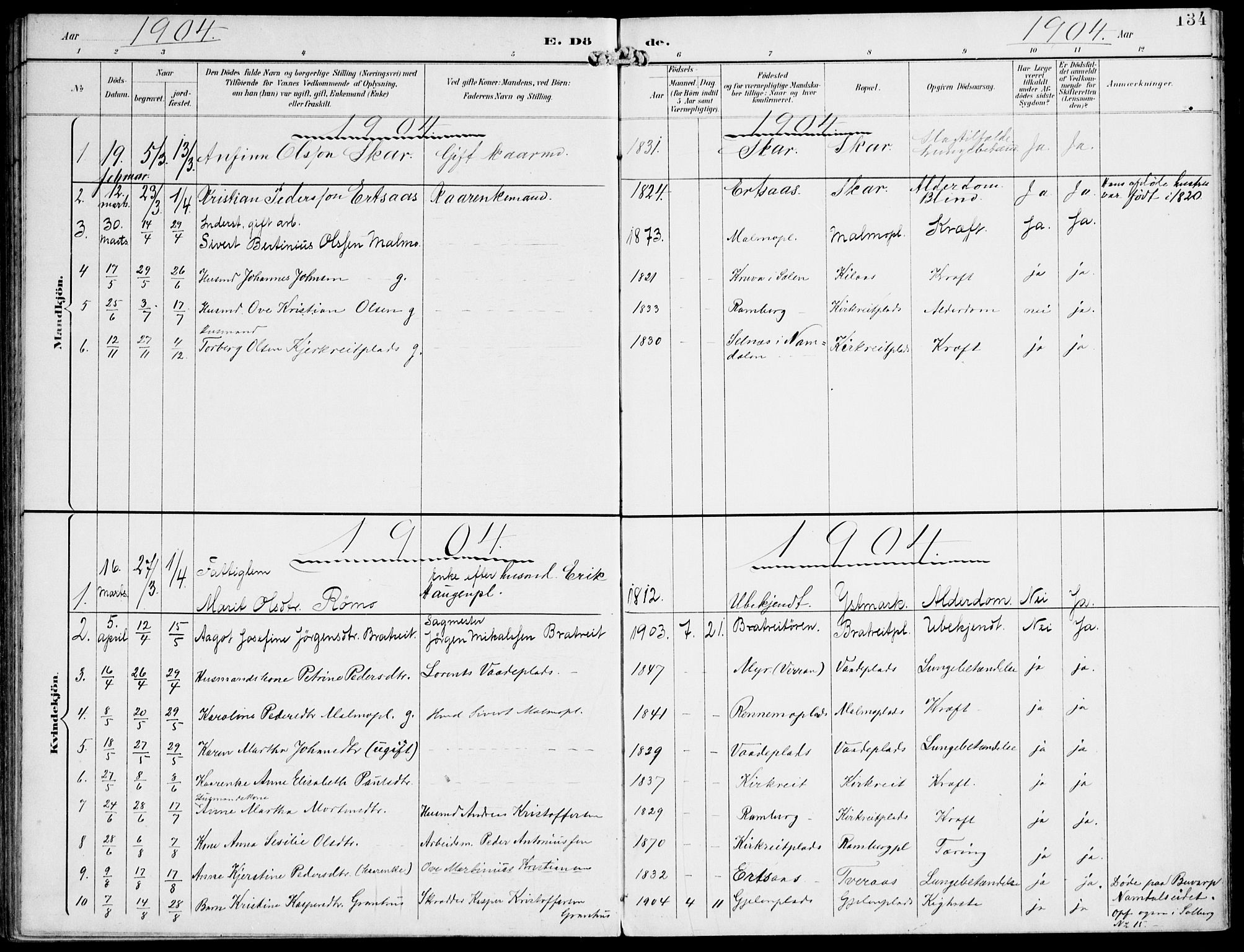 Ministerialprotokoller, klokkerbøker og fødselsregistre - Nord-Trøndelag, SAT/A-1458/745/L0430: Parish register (official) no. 745A02, 1895-1913, p. 134