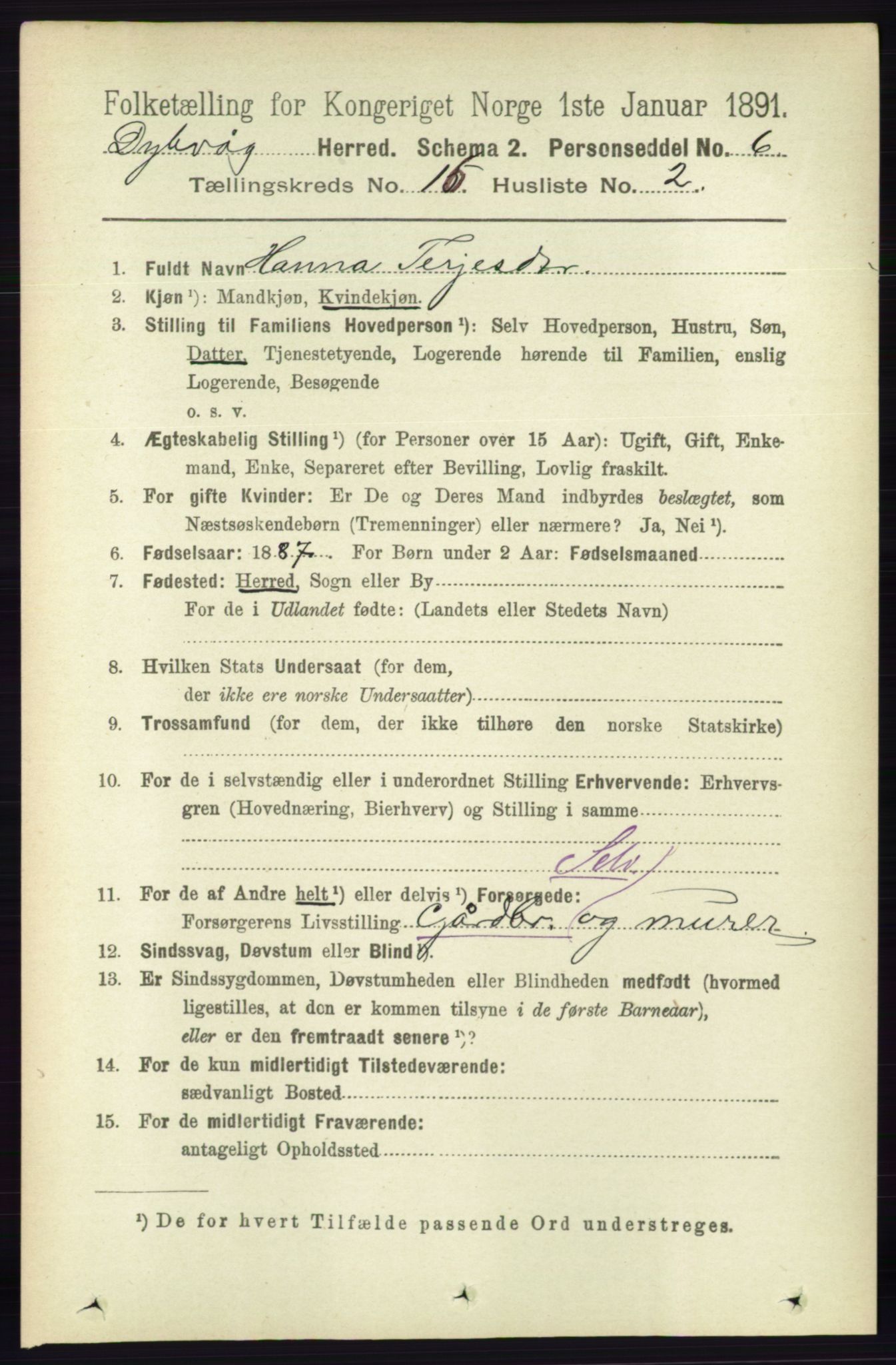 RA, 1891 census for 0915 Dypvåg, 1891, p. 6406