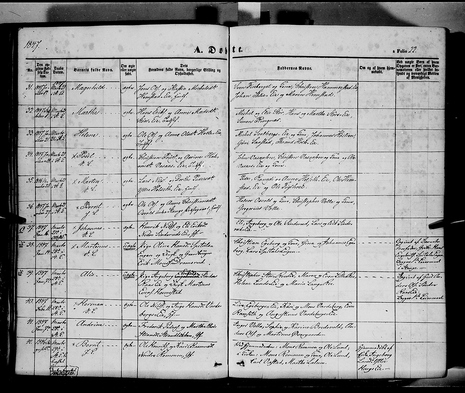 Stange prestekontor, AV/SAH-PREST-002/K/L0011: Parish register (official) no. 11, 1846-1852, p. 22