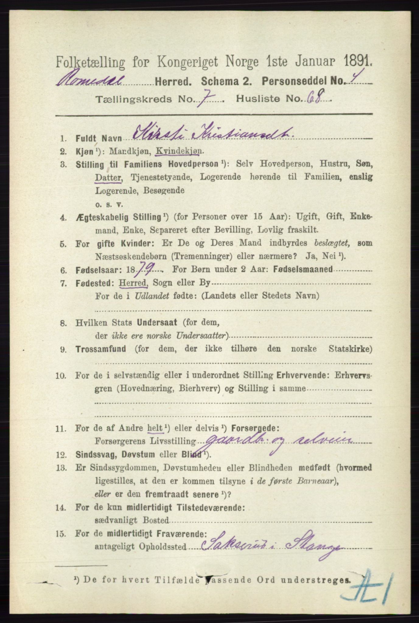 RA, 1891 census for 0416 Romedal, 1891, p. 3889