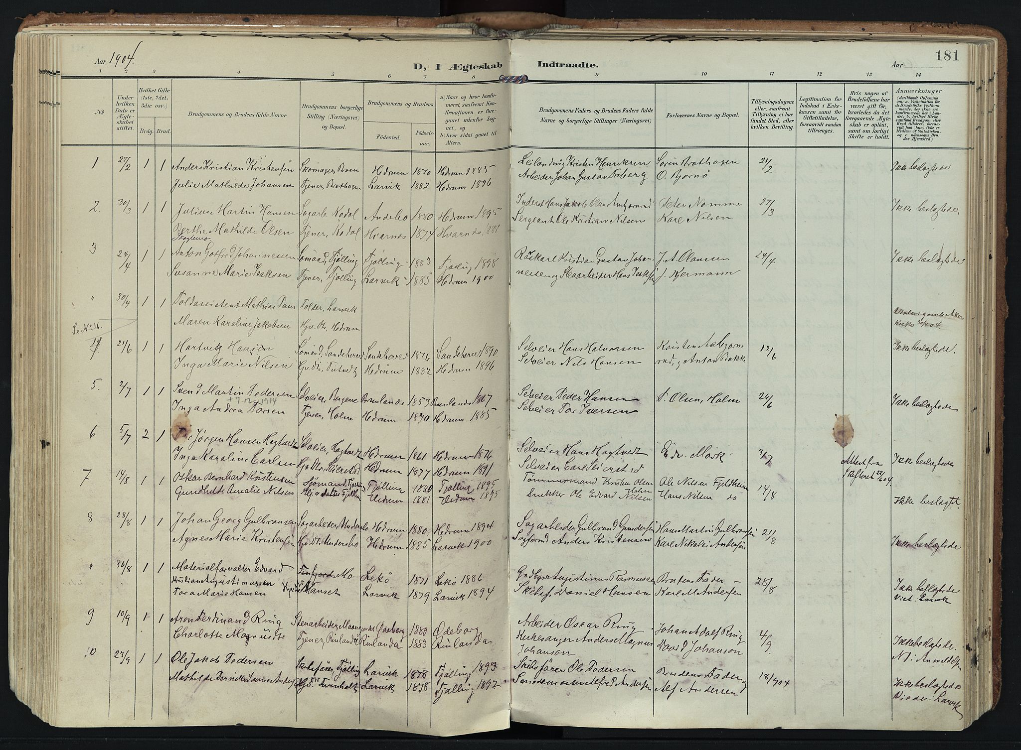 Hedrum kirkebøker, SAKO/A-344/F/Fa/L0010: Parish register (official) no. I 10, 1904-1918, p. 181