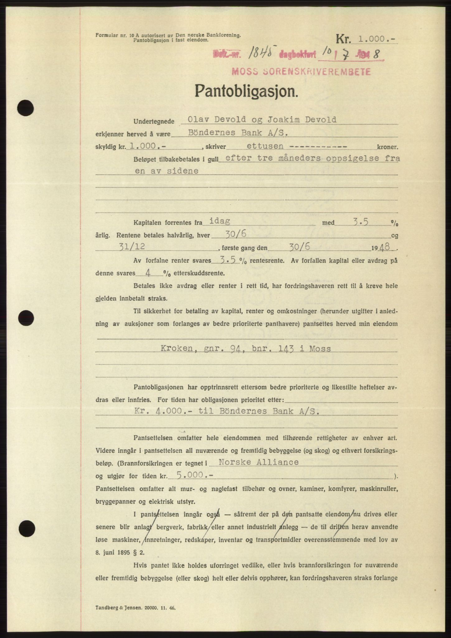 Moss sorenskriveri, AV/SAO-A-10168: Mortgage book no. B20, 1948-1948, Diary no: : 1845/1948