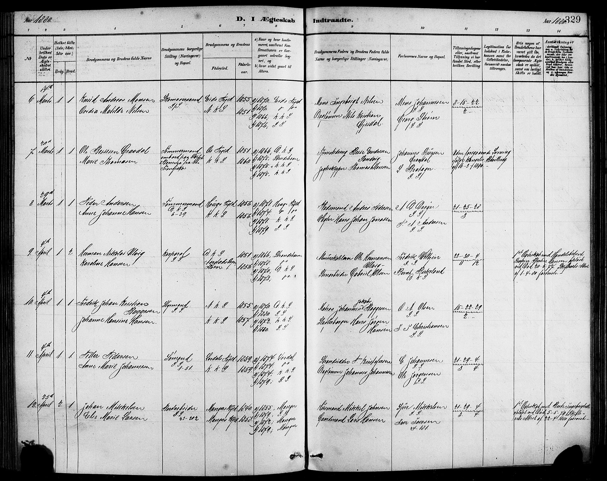 Sandviken Sokneprestembete, AV/SAB-A-77601/H/Hb/L0001: Parish register (copy) no. A 2, 1879-1892, p. 329