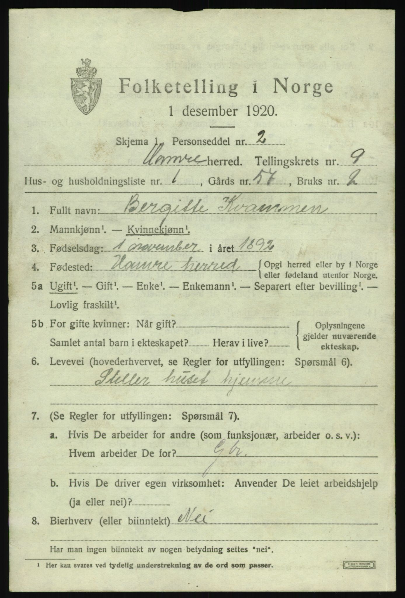 SAB, 1920 census for Hamre, 1920, p. 4841