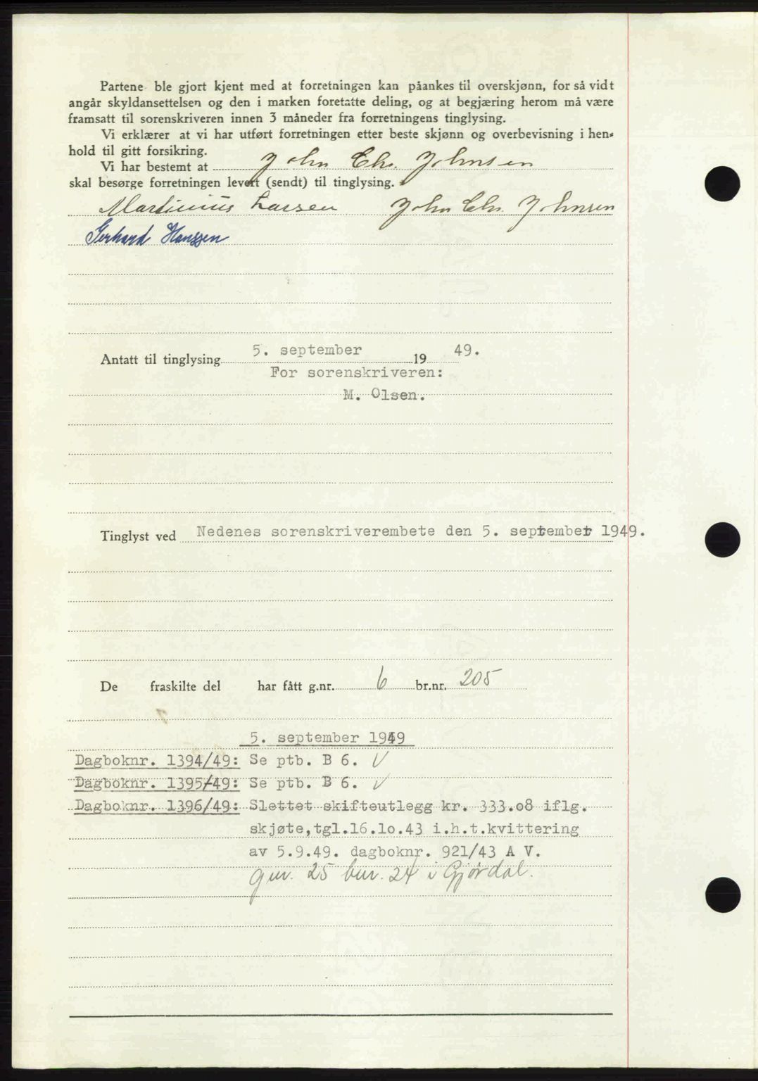 Nedenes sorenskriveri, AV/SAK-1221-0006/G/Gb/Gba/L0061: Mortgage book no. A13, 1949-1949, Diary no: : 1393/1949