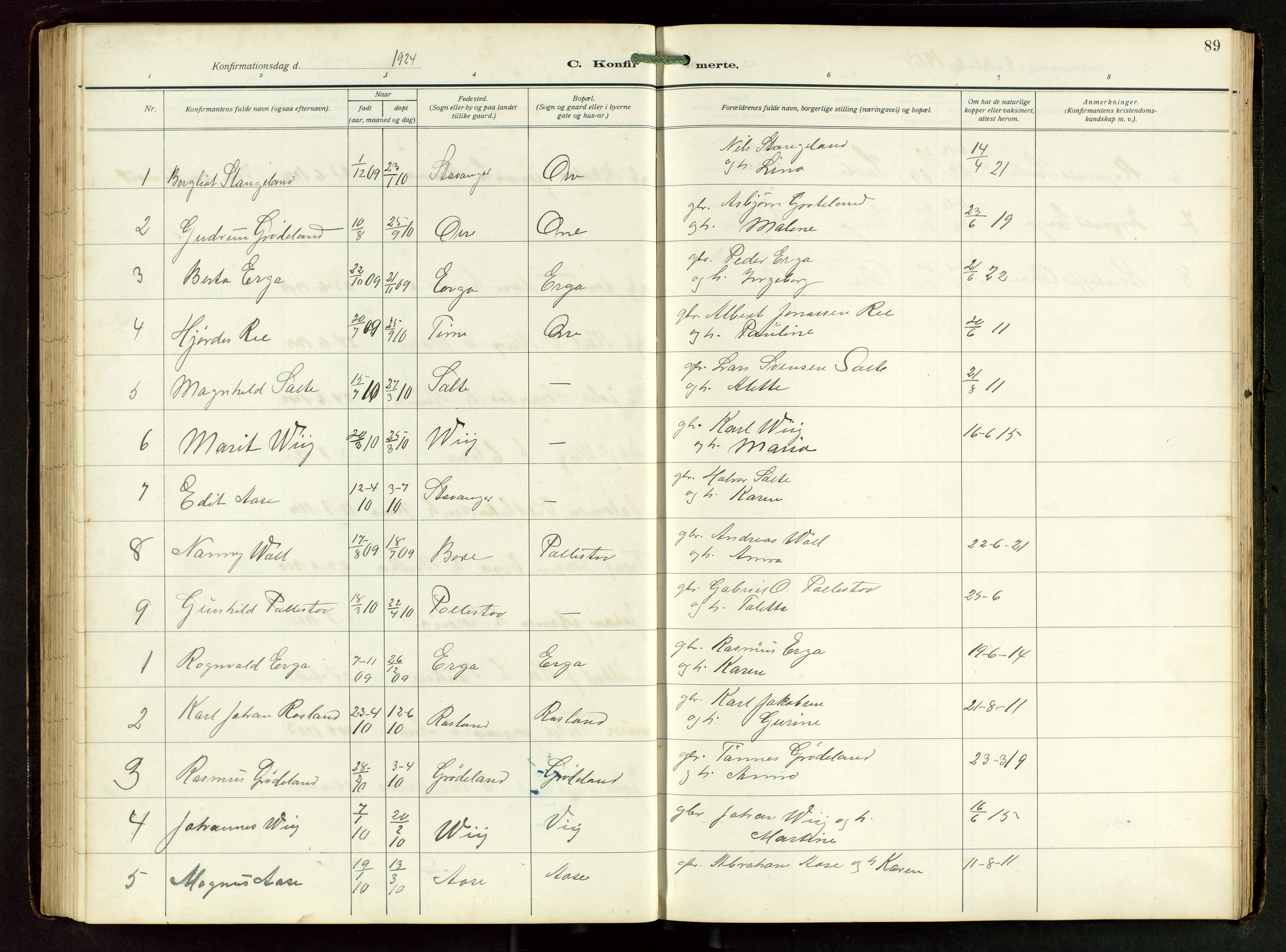 Klepp sokneprestkontor, SAST/A-101803/001/3/30BB/L0008: Parish register (copy) no. B 8, 1918-1949, p. 89