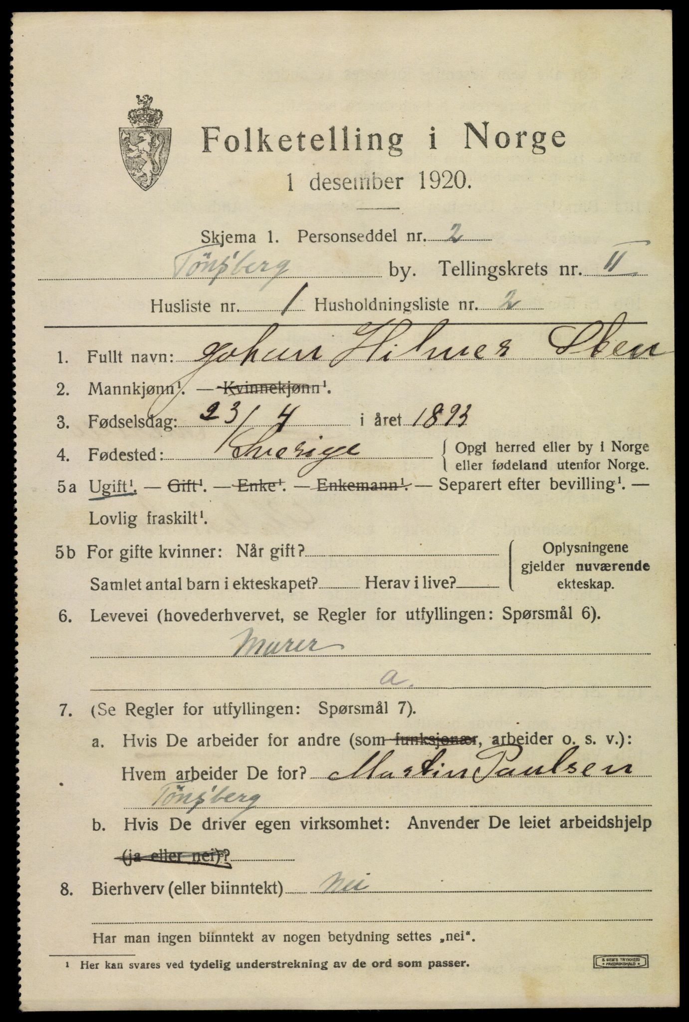 SAKO, 1920 census for Tønsberg, 1920, p. 9863