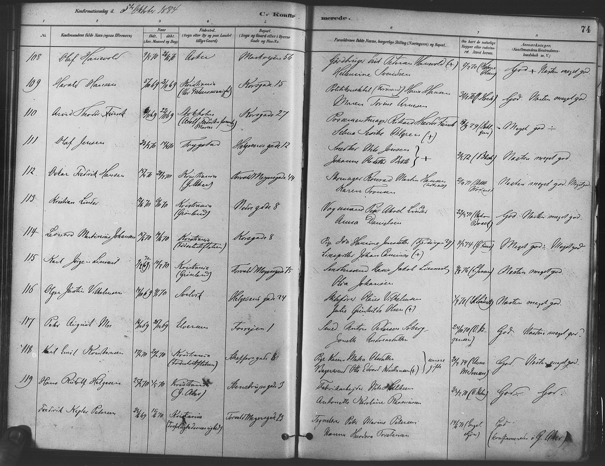 Paulus prestekontor Kirkebøker, AV/SAO-A-10871/F/Fa/L0004: Parish register (official) no. 4, 1879-1891, p. 74