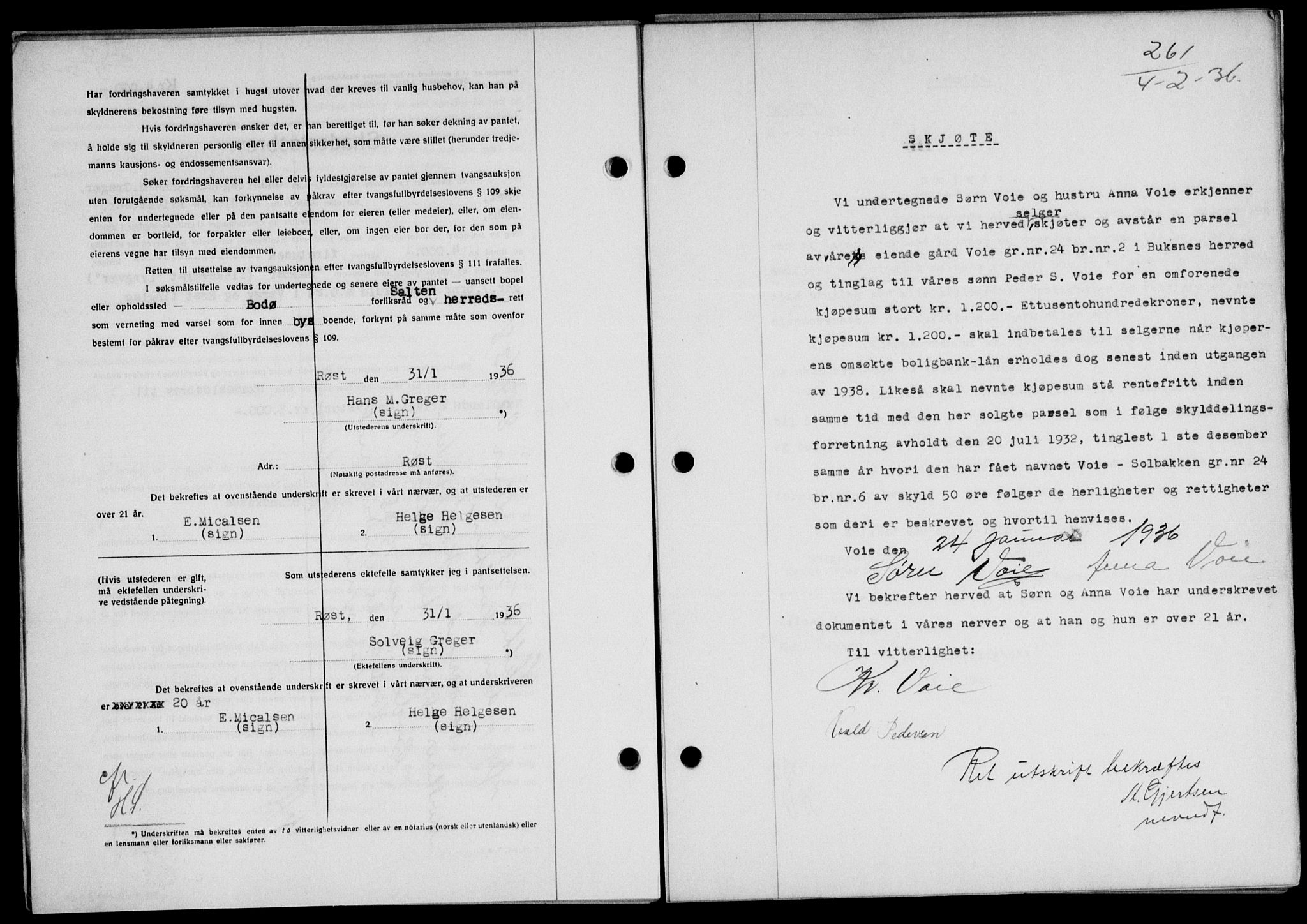 Lofoten sorenskriveri, SAT/A-0017/1/2/2C/L0033b: Mortgage book no. 33b, 1936-1936, Diary no: : 261/1936