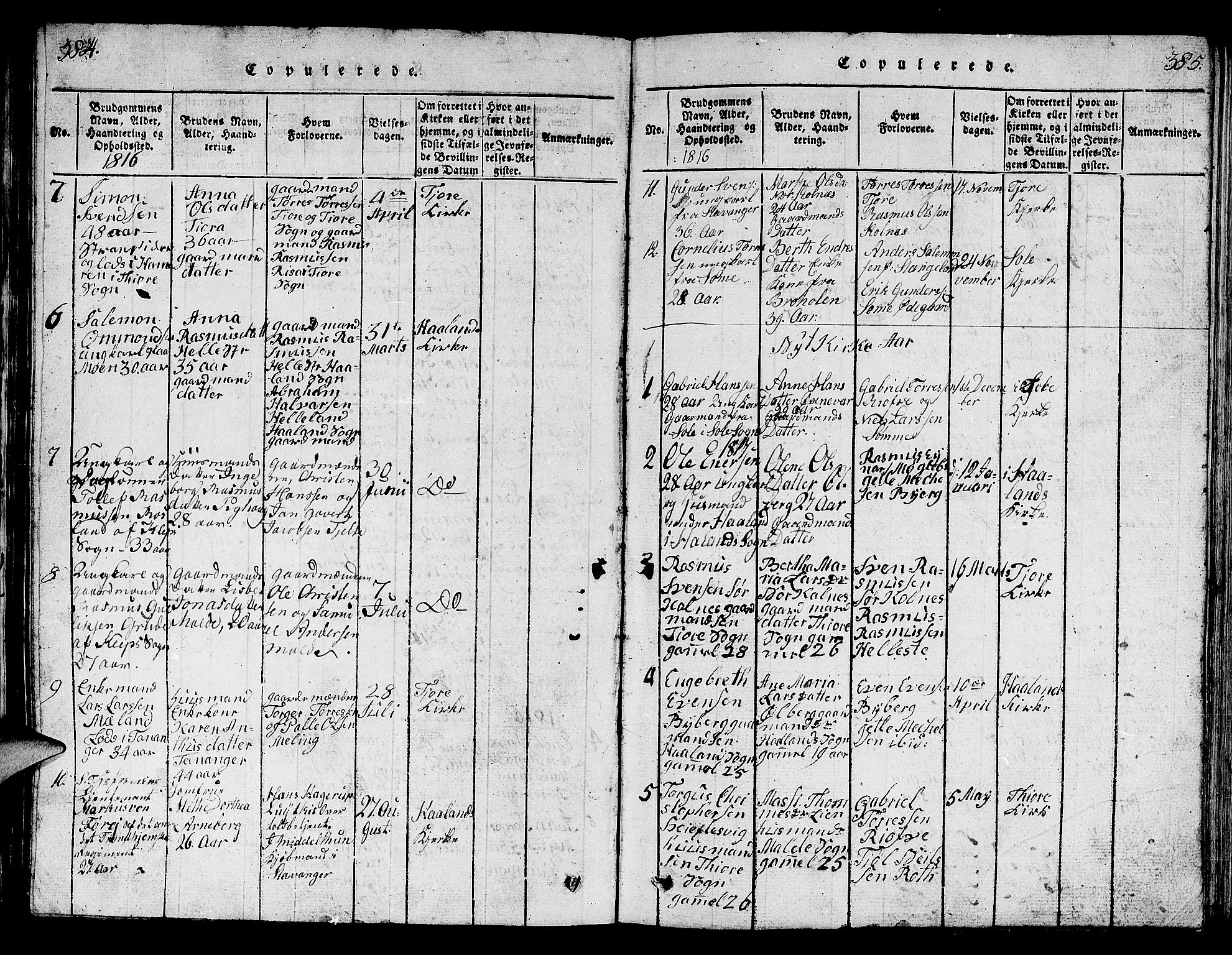 Håland sokneprestkontor, AV/SAST-A-101802/001/30BB/L0001: Parish register (copy) no. B 1, 1815-1845, p. 384-385