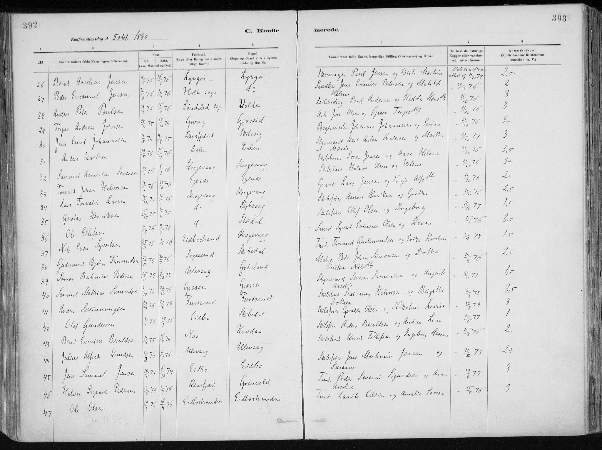 Dypvåg sokneprestkontor, AV/SAK-1111-0007/F/Fa/Faa/L0008: Parish register (official) no. A 8, 1885-1906, p. 392-393