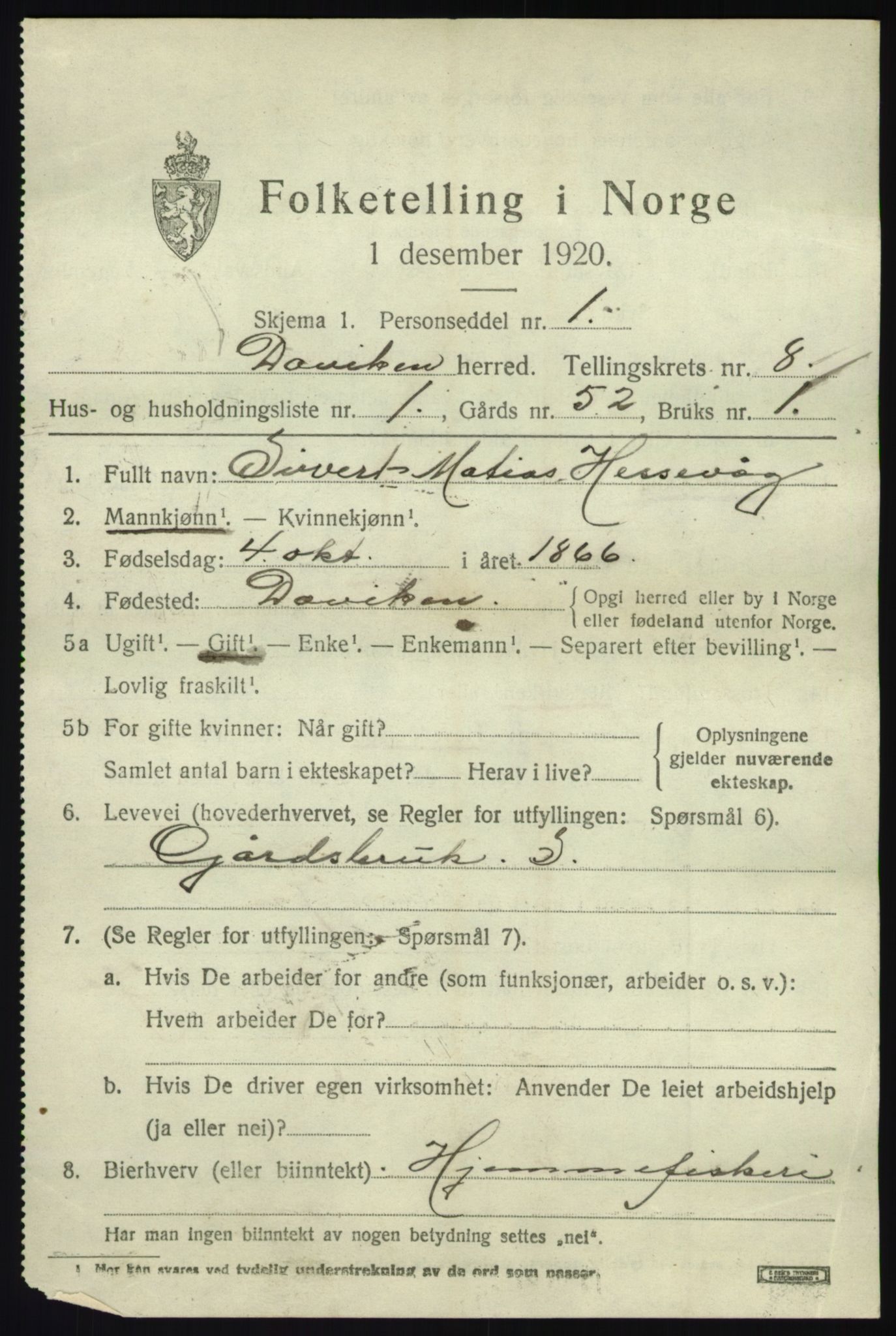 SAB, 1920 census for Davik, 1920, p. 4225