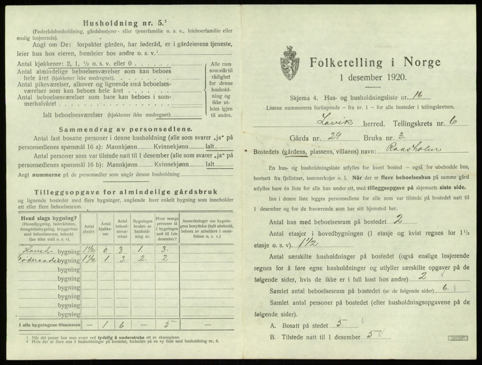 SAB, 1920 census for Lavik, 1920, p. 222